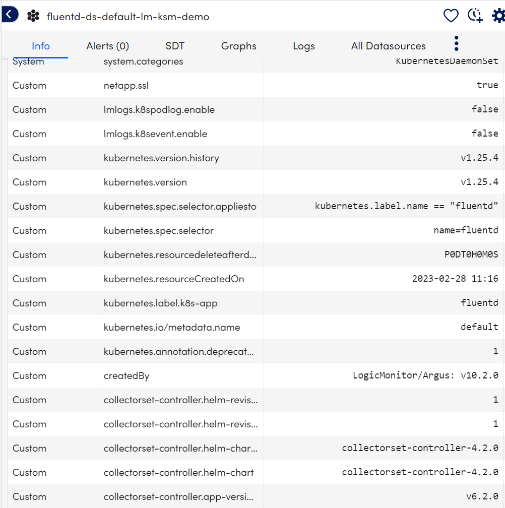 Partial view of the metadata captured from a Kubernetes daemonset