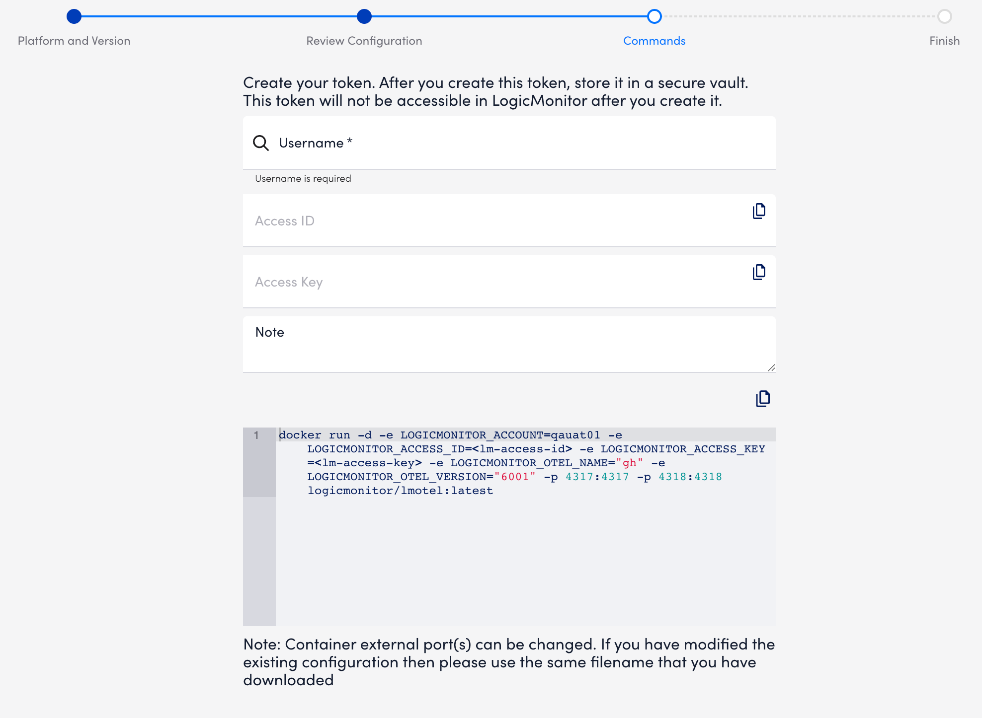Commands wizard step for OTEL for Docker