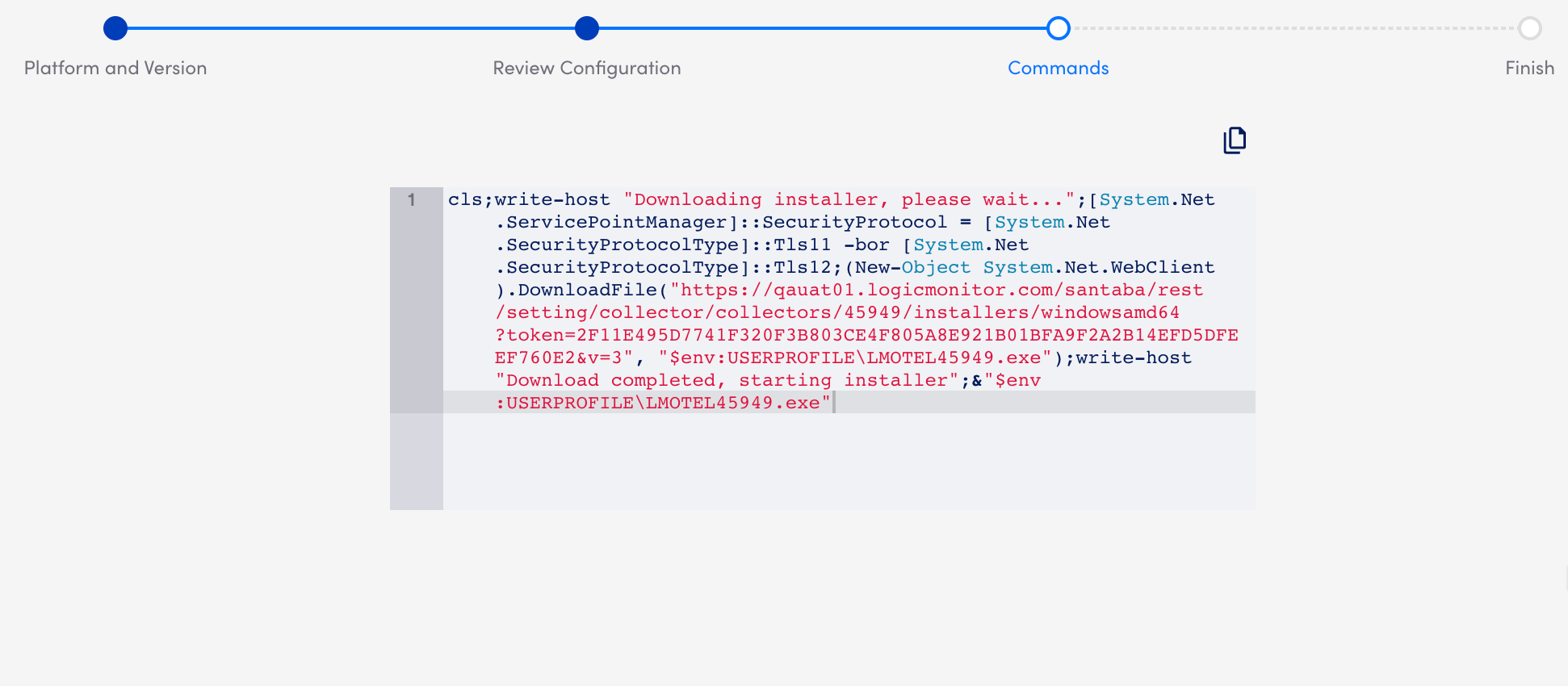 Commands wizard step for OTEL for Windows