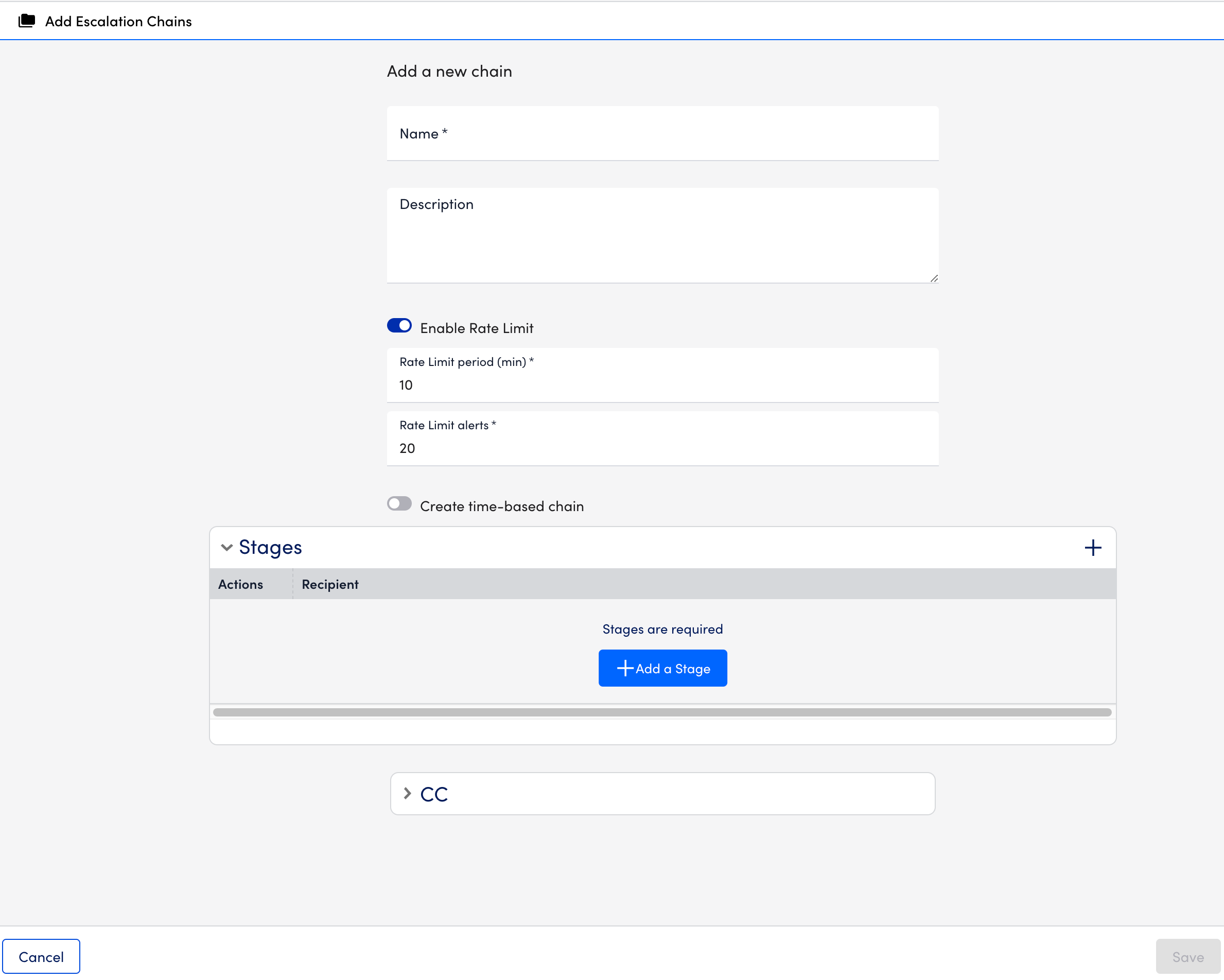 Add new escalation chain Modal