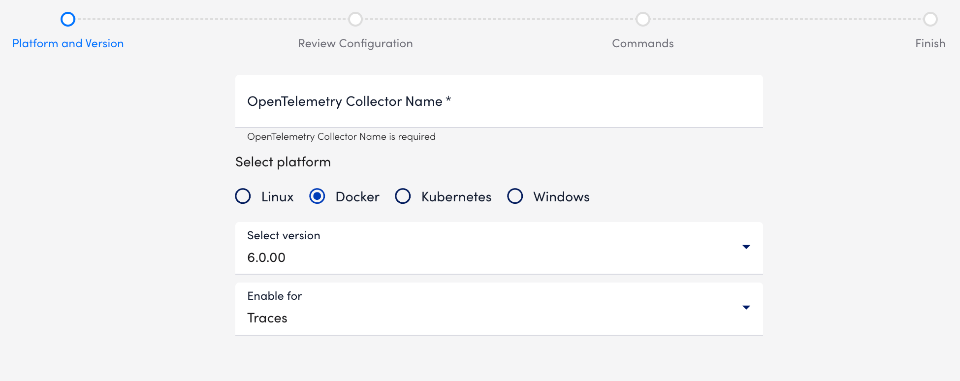 Platform and Version wizard step for OTEL for Docker