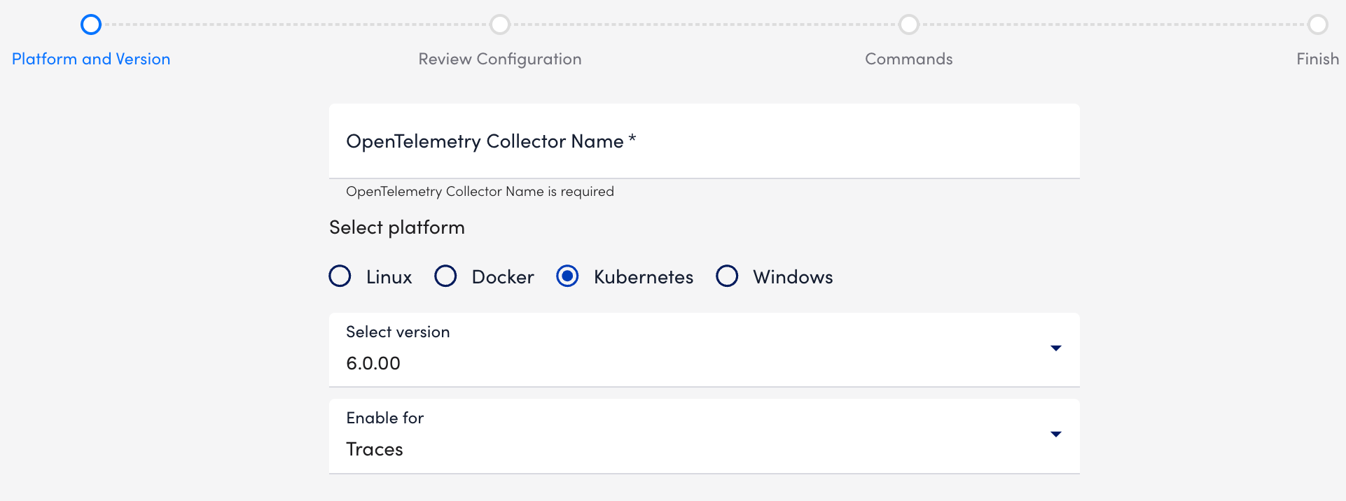 Platform and Version wizard step for OTEL for Kubernetes