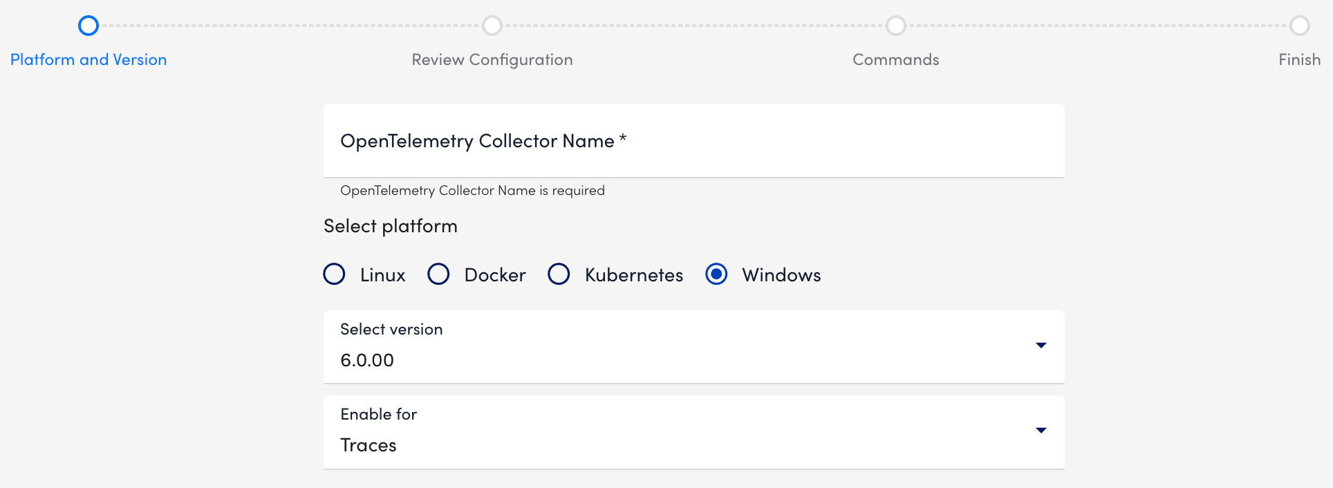 Platform and Version wizard step for OTEL for Windows
