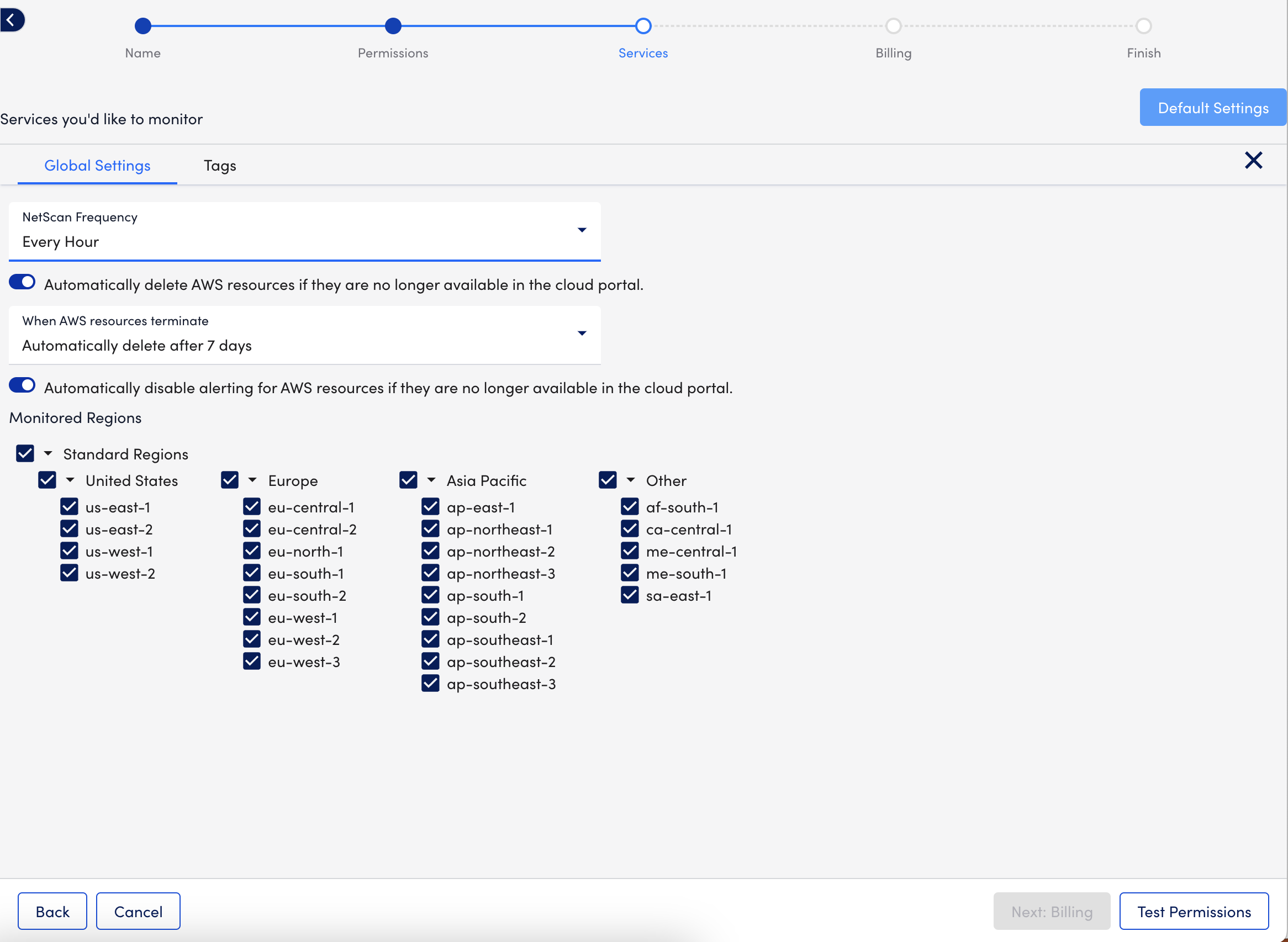 Global settings in the Services step of the wizard