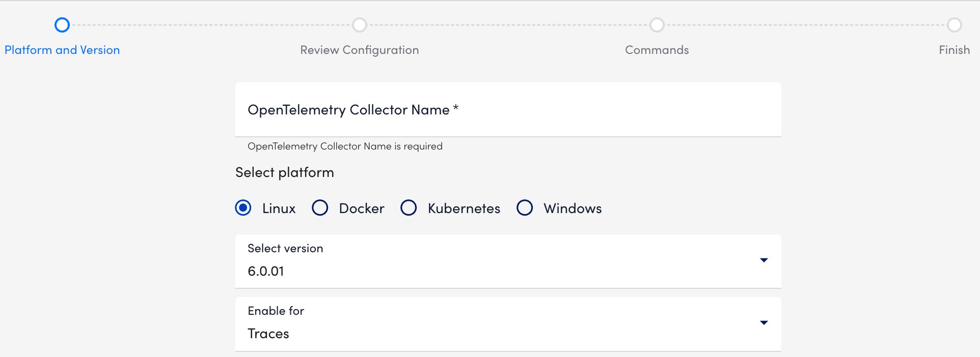 Platform and Version wizard step for OTEL for Linux