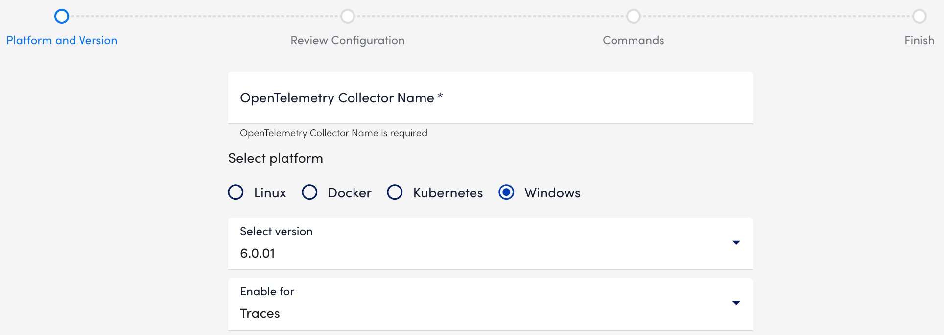 Platform and Version wizard step for OTEL for Windows