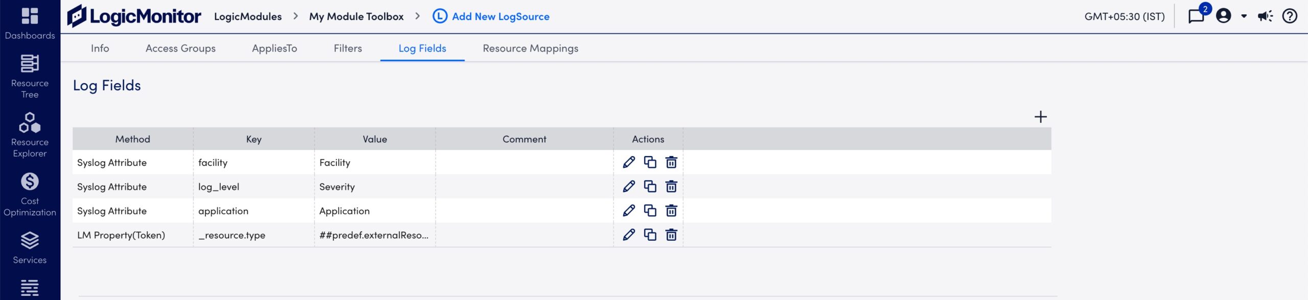 Syslog LogSource Log Fields section