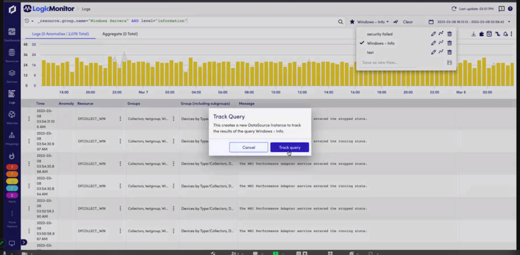 Query tracking in LogicMonitor