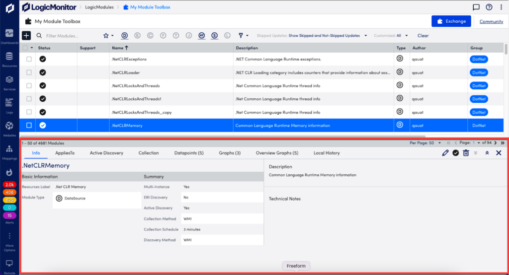 More module toolbox options and saving features in LogicMonitor