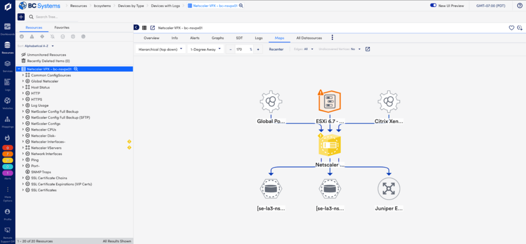 LogicMonitor's topology mapping dynamically covers your network and the connected devices  