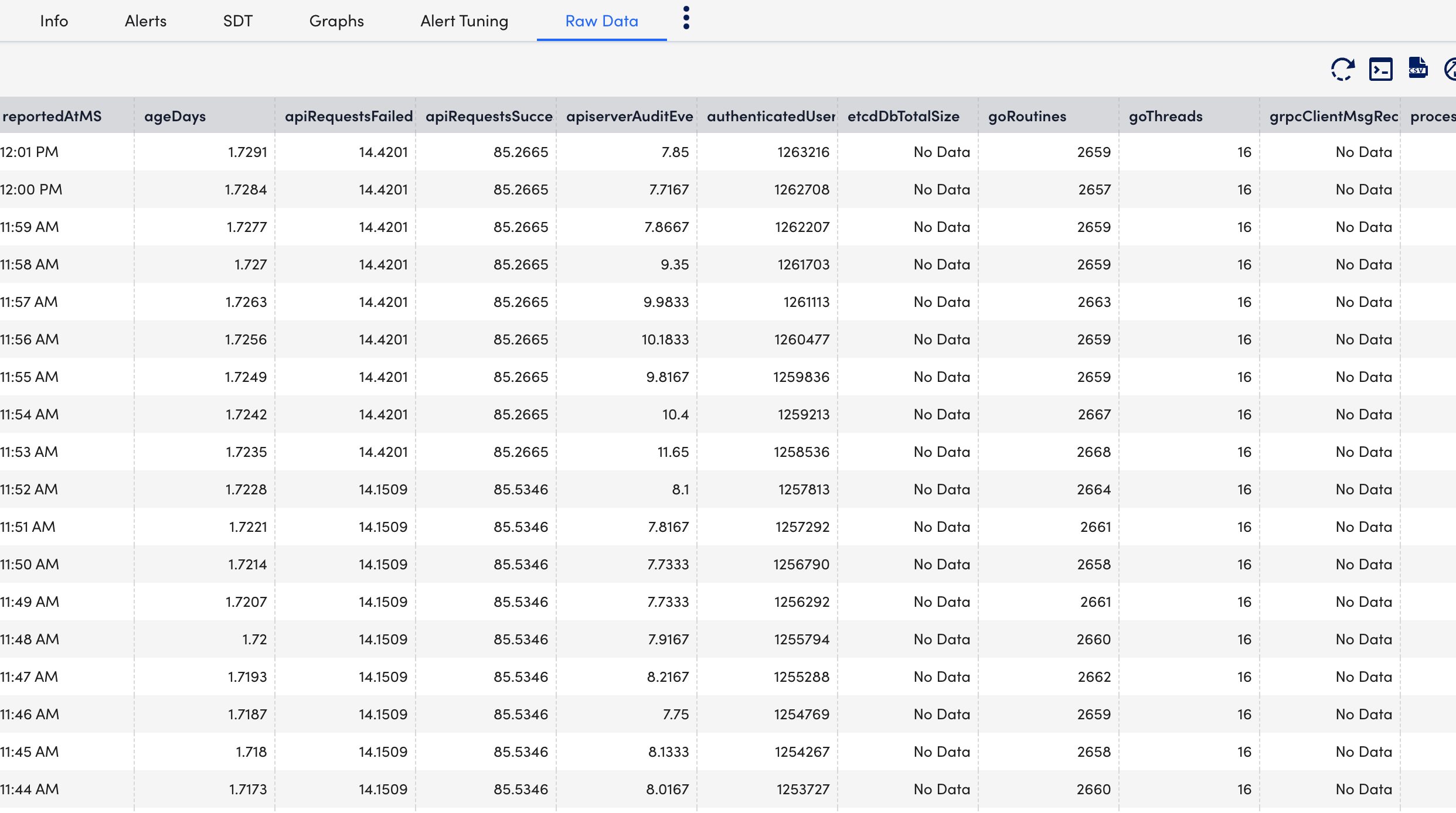 API server raw data tab screen