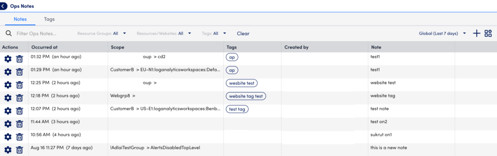 Ops Notes settings page