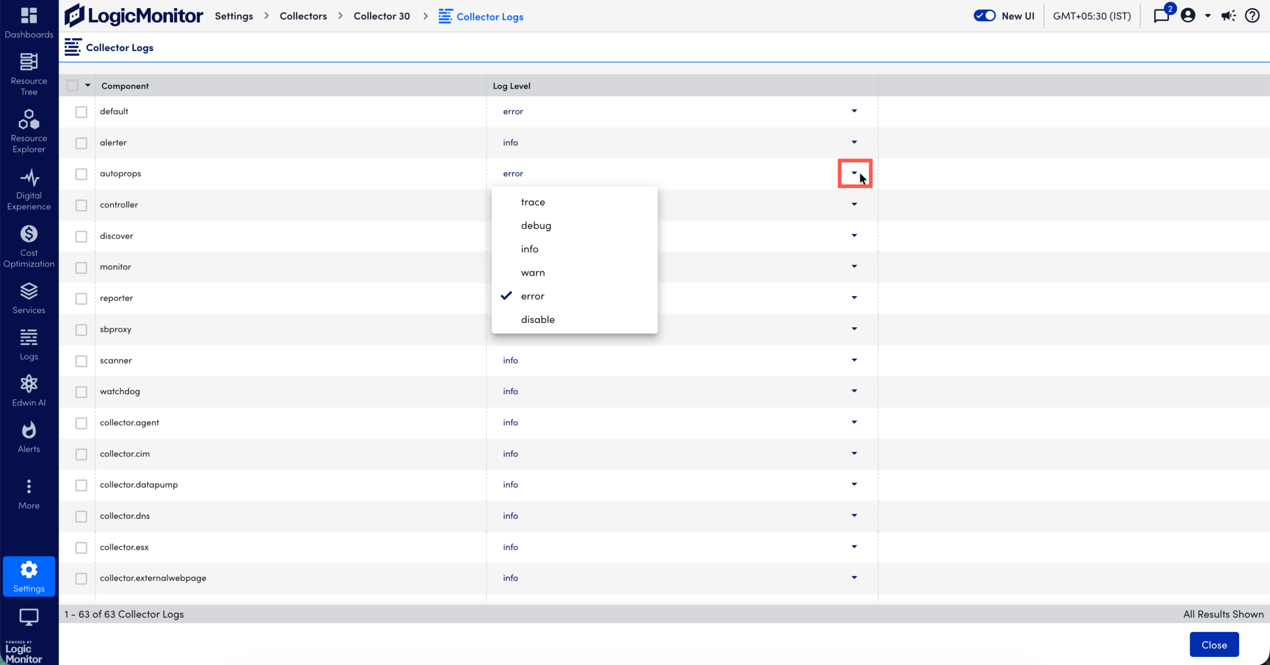 Manage collector logs page