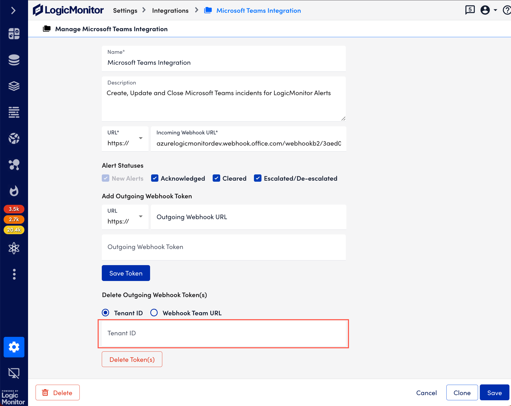 Tenant ID option in MS teams integration page
