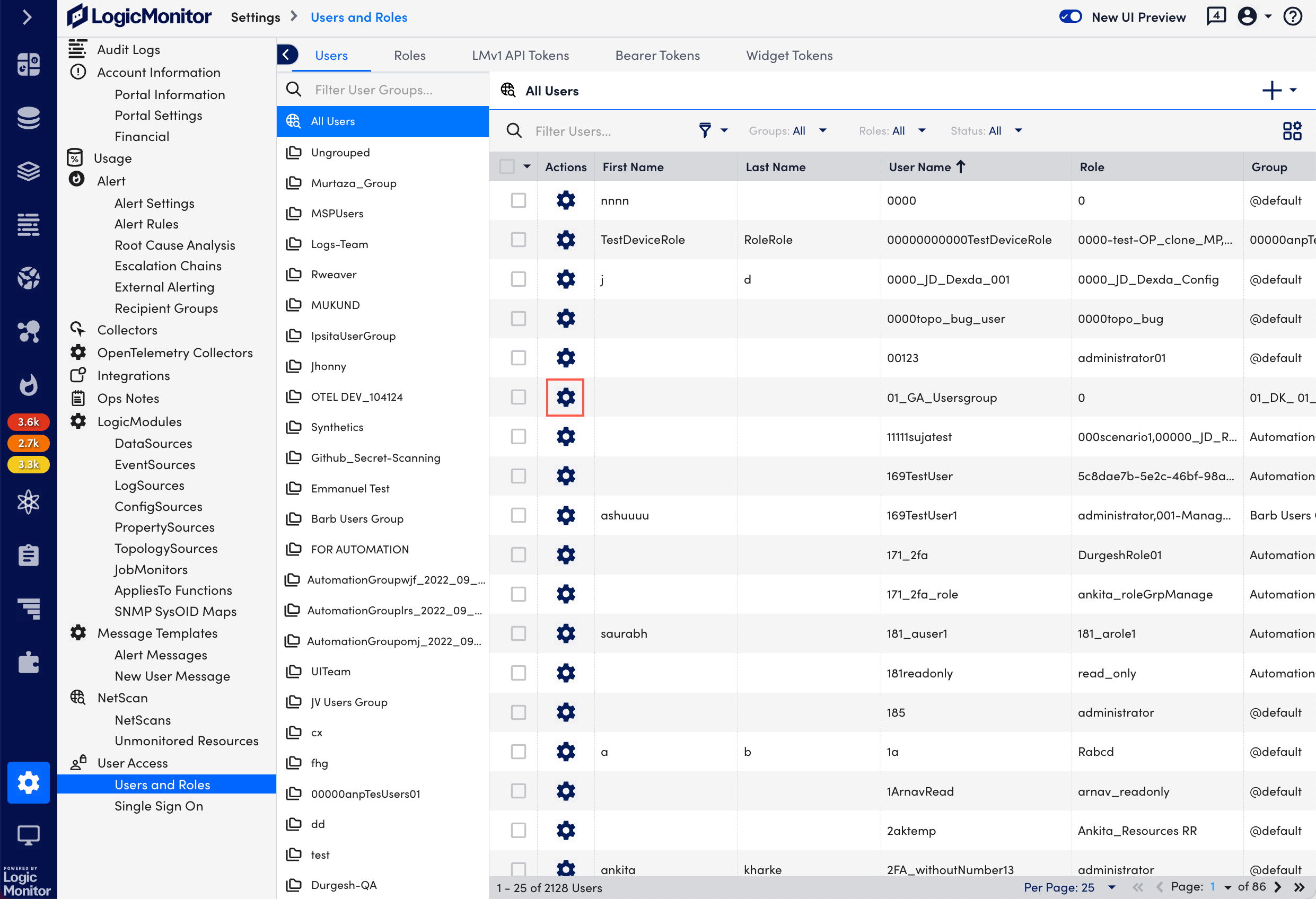 user and roles page
