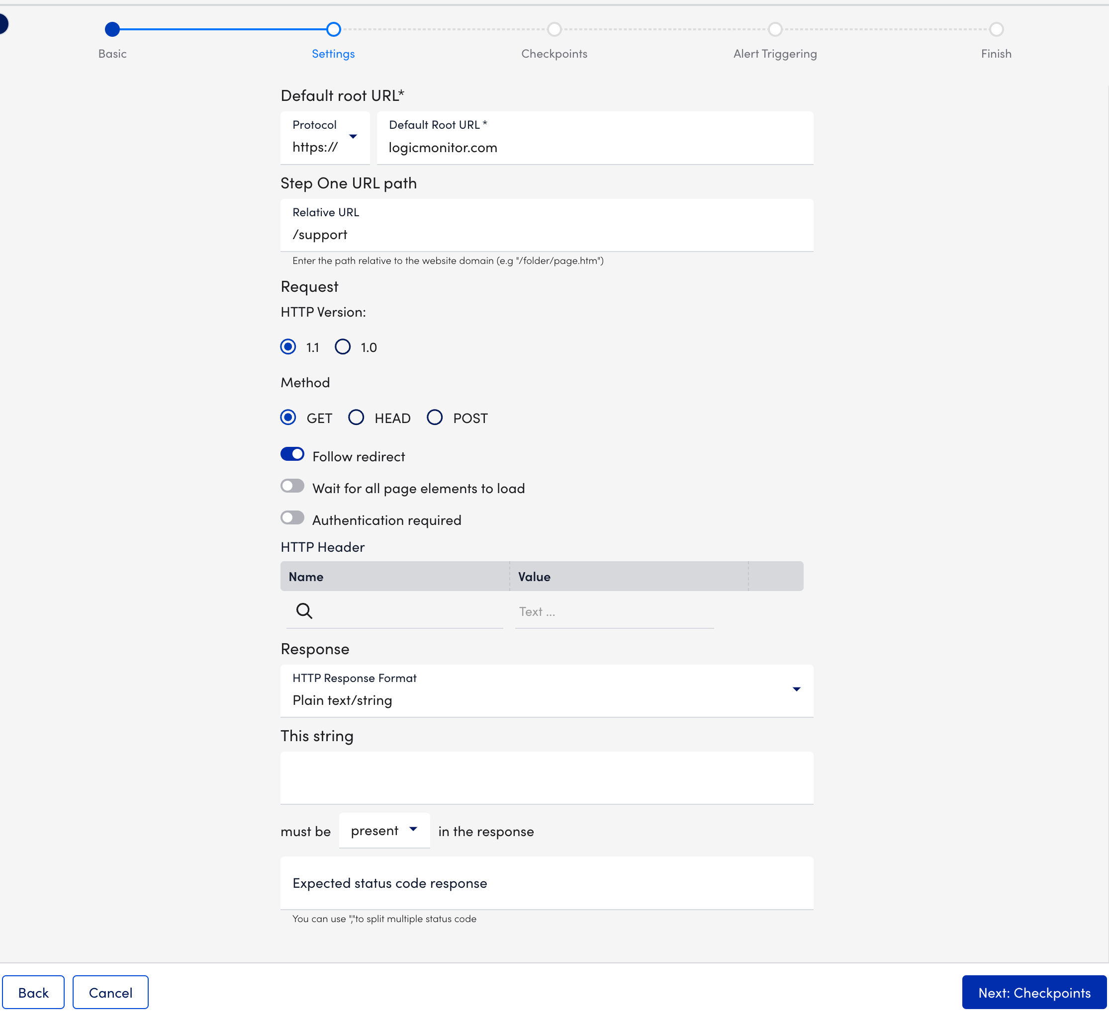 Settings step Web check