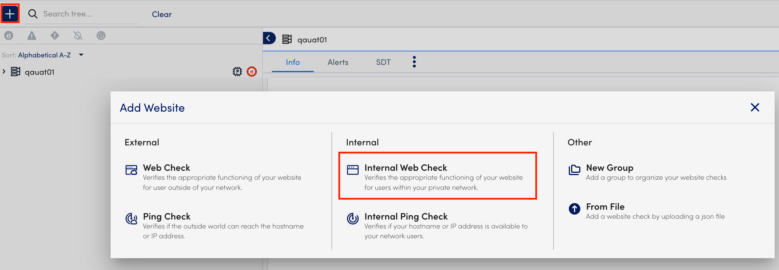 Add Internal Web Check modal