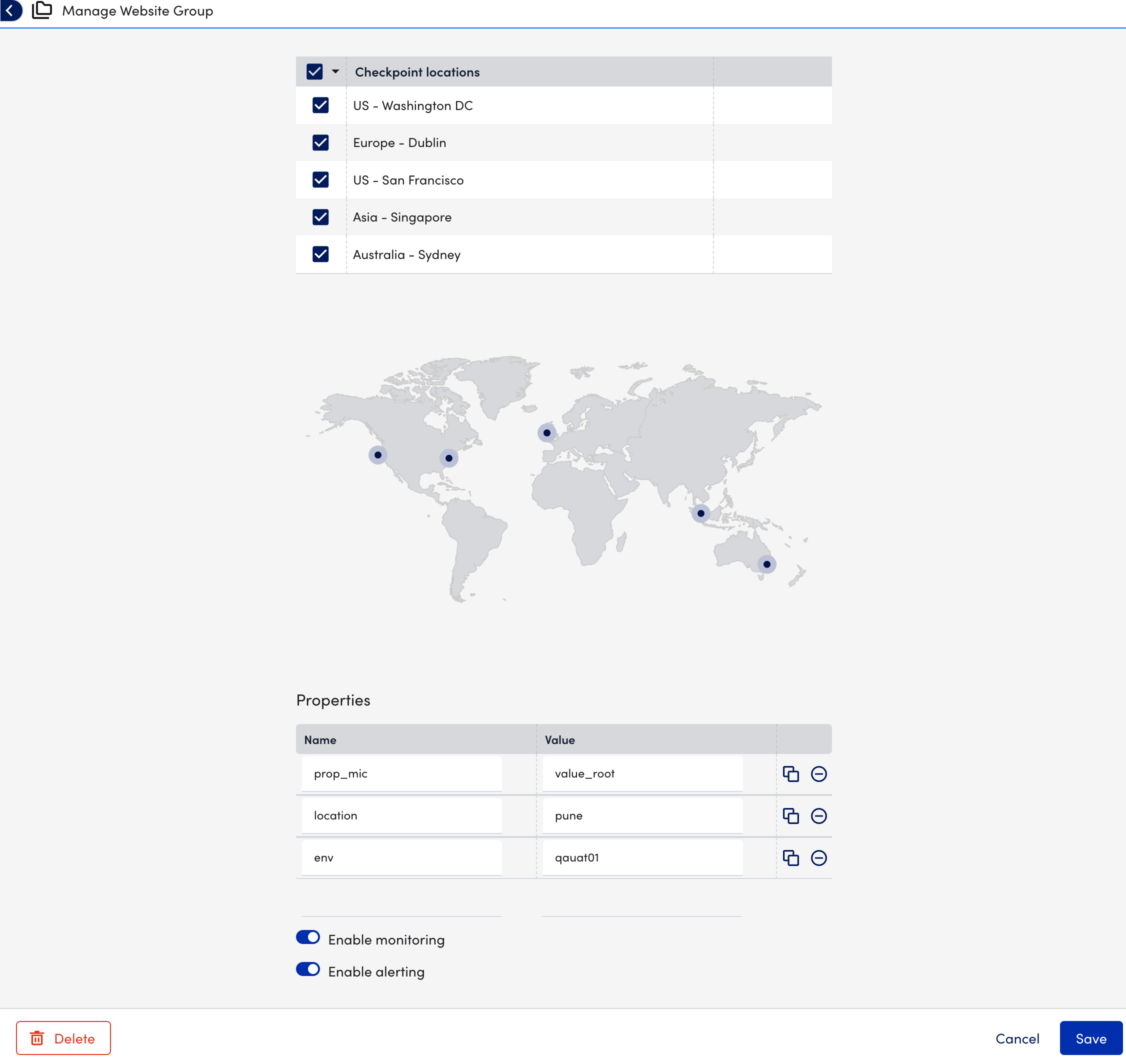 Manage Website Groups page