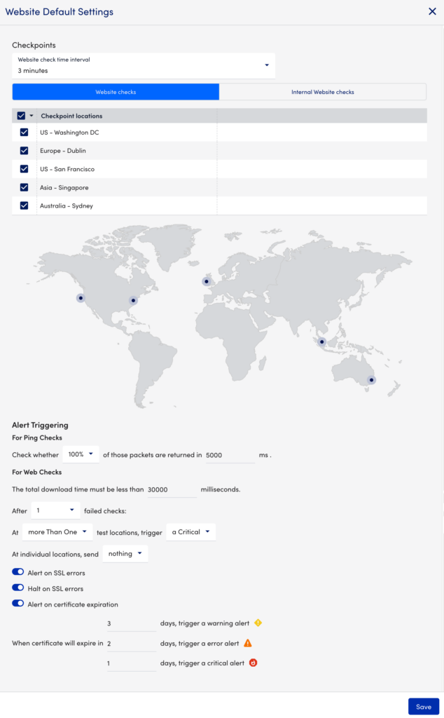 Websites Default Settings modal