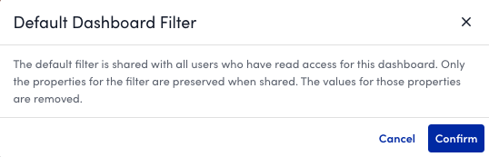 Default dashboard filter confirmation message