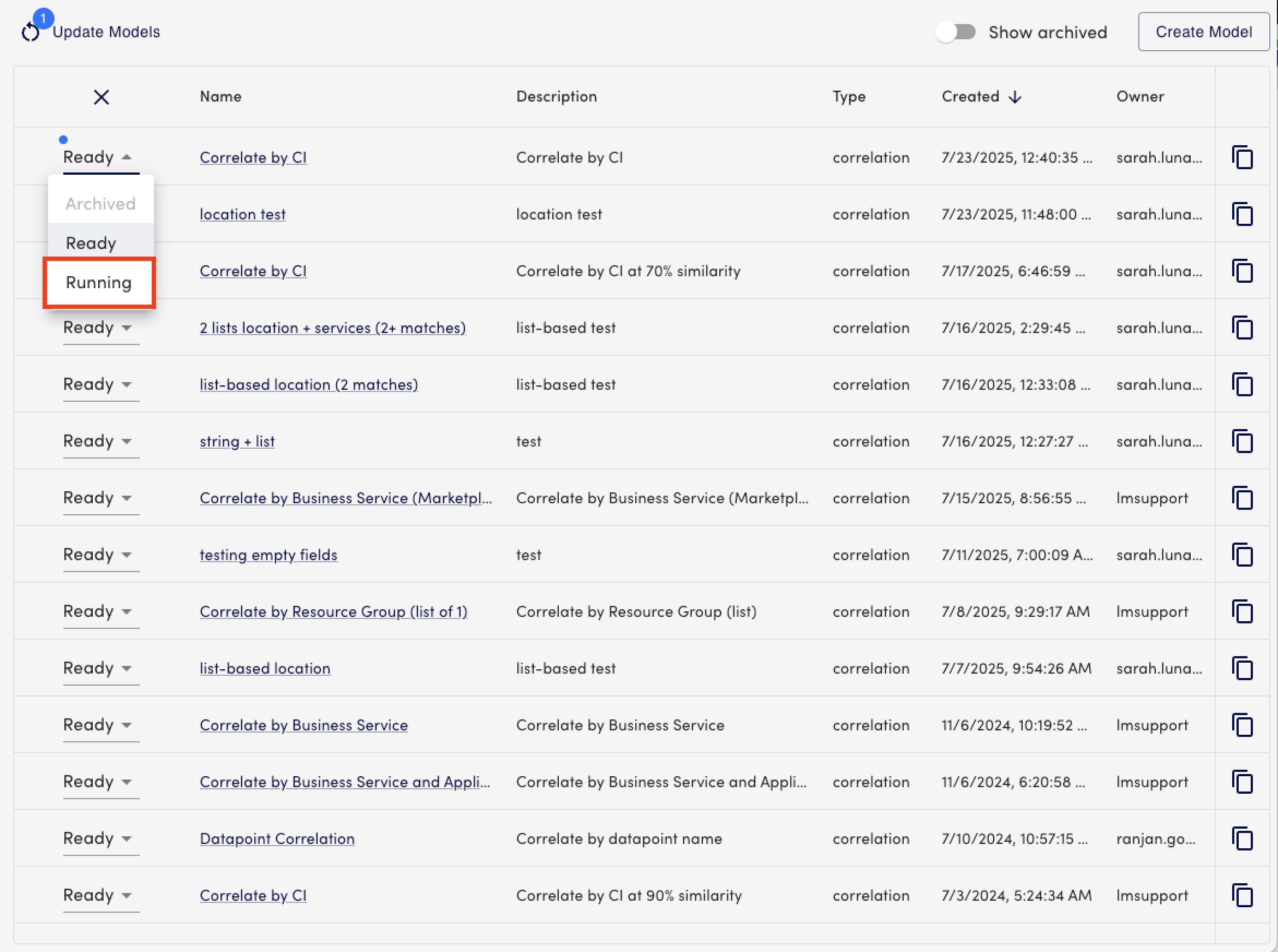 Status dropdown menu on Models page