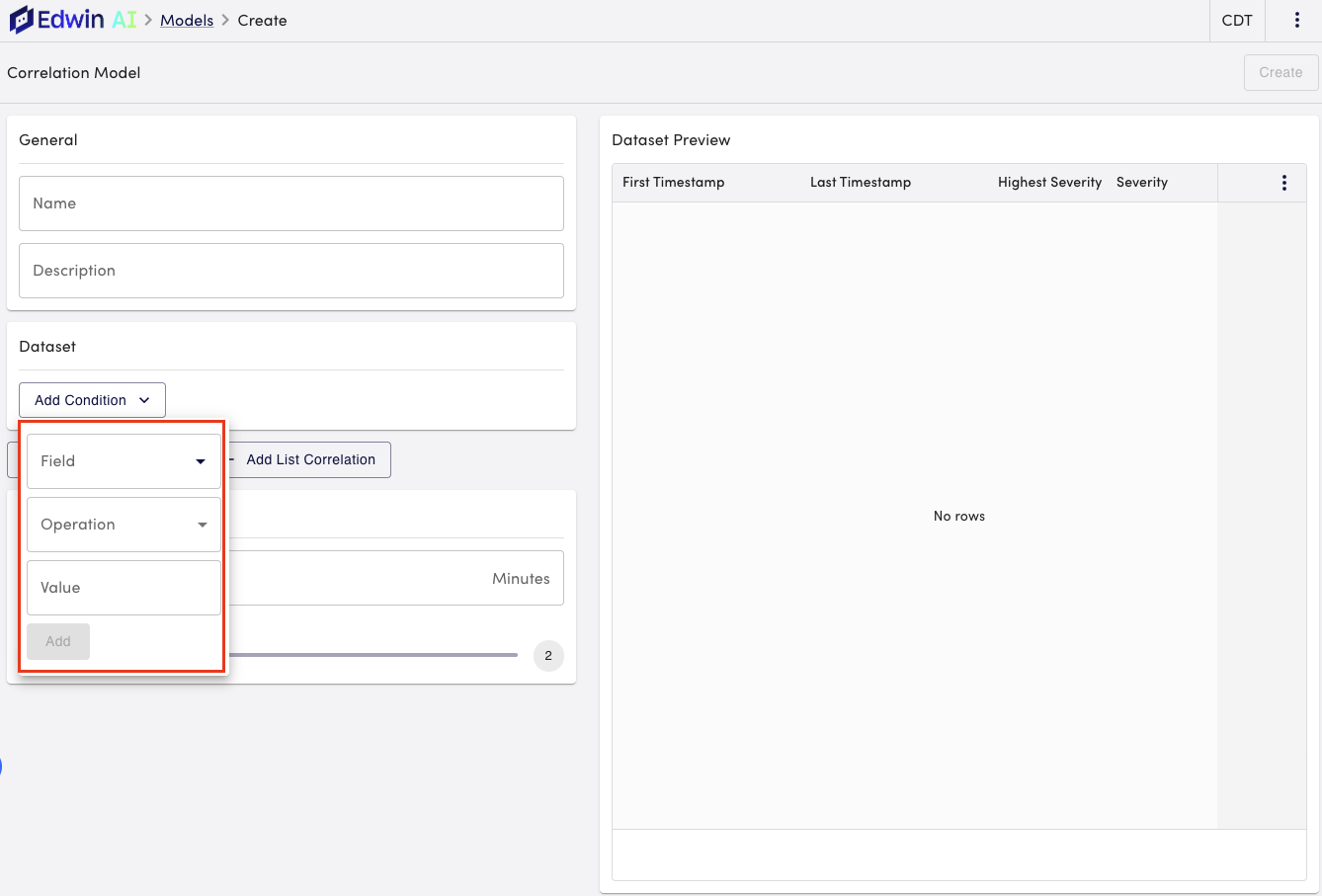 Add condition dropdown menu