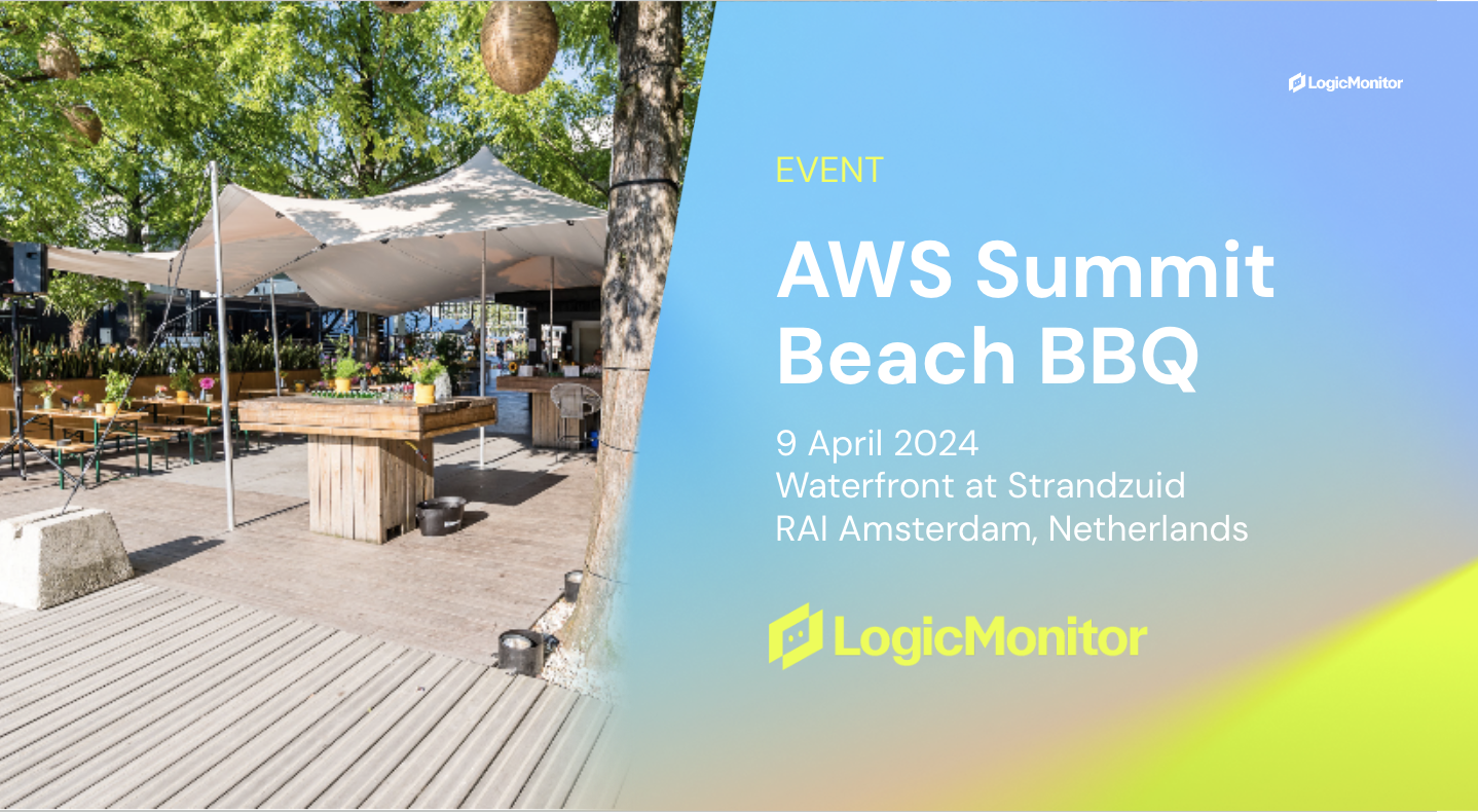 Half the image is a beach bar on a sunny day. The other half reads 'Event, AWS Summit Beach BBQ, 9 April 2024, Waterfront at Strandzuid, RAI Amsterdam, Netherlands'