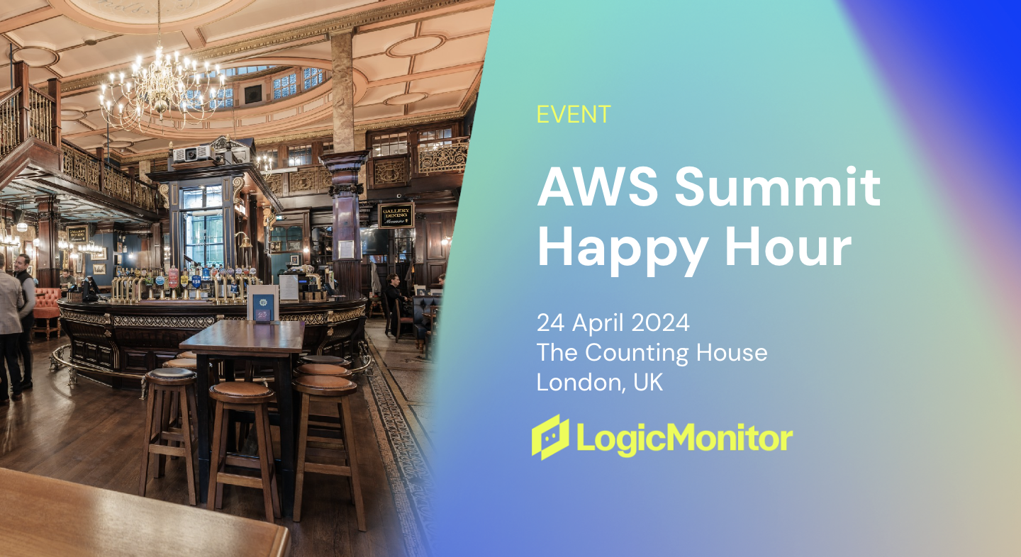 Half of the picture is of a traditional London pub, the other half reads 'Event, AWS Summit Happy Hour, 24 April 2024, The Counting House, London, UK'