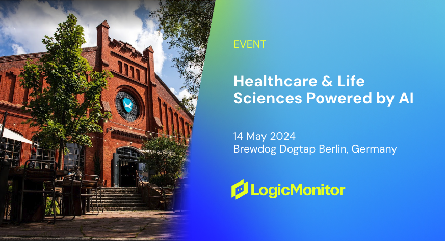 Half of the image shows a red brick brewery building, the other half has text reading 'Event, Observability Workshop for Healthcare and Life Sciences, 14 May 2024, Brewdog Dogtap Berlin, Germany'