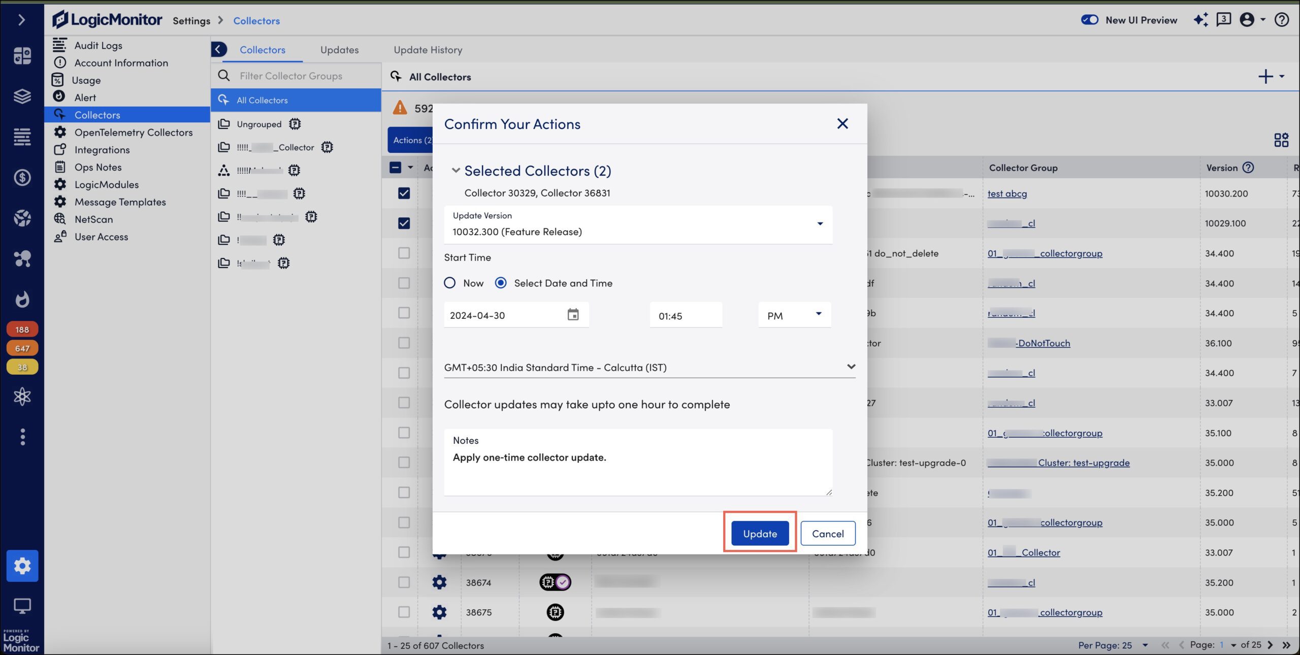 Collector version upadte modal