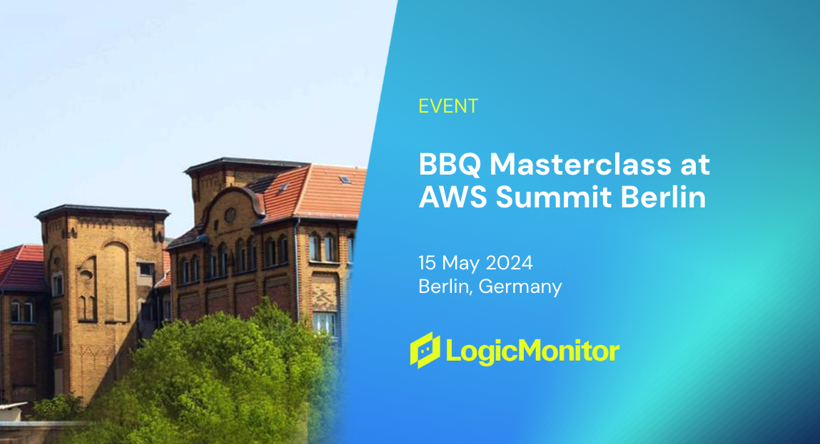 Half the image is a yellow building with a terracotta roof on a sunny day. The other half is a blue background with text that reads "Event, BBQ Masterclass at AWS Summit Berlin, 15 May 2024, Berlin, Germany"