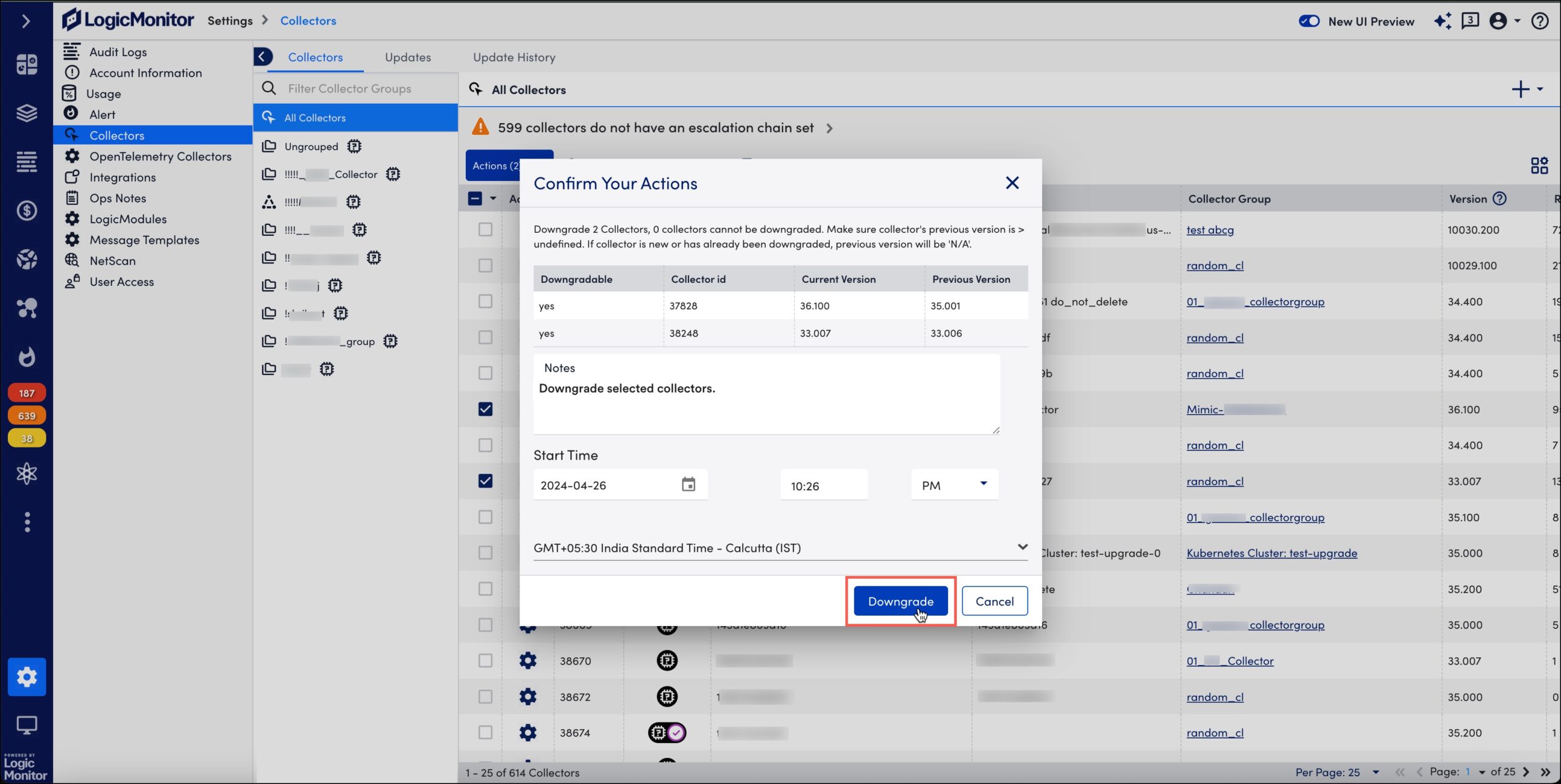 Downgrade option for collectors modal