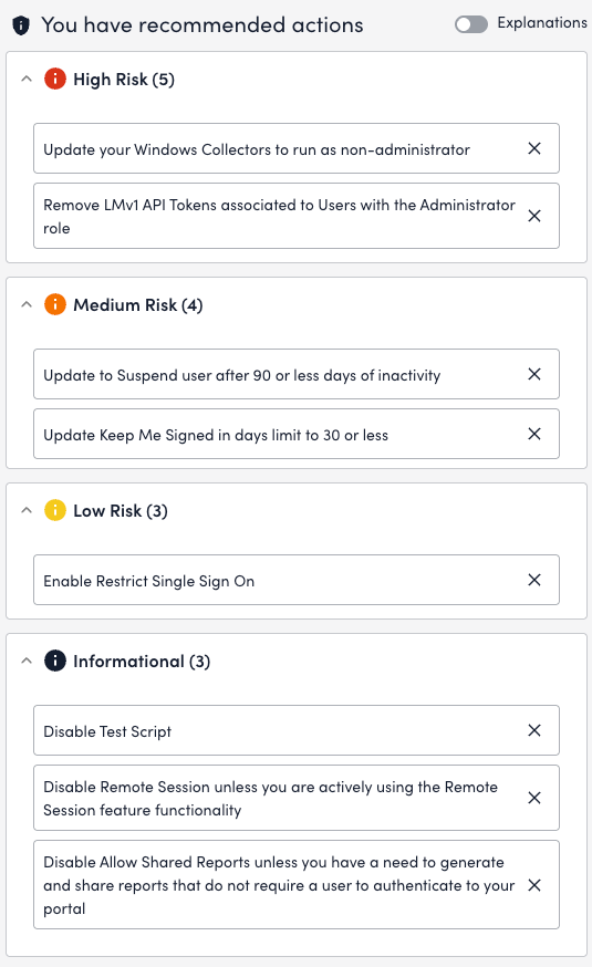 LogicMonitor Recommendation section on security page
