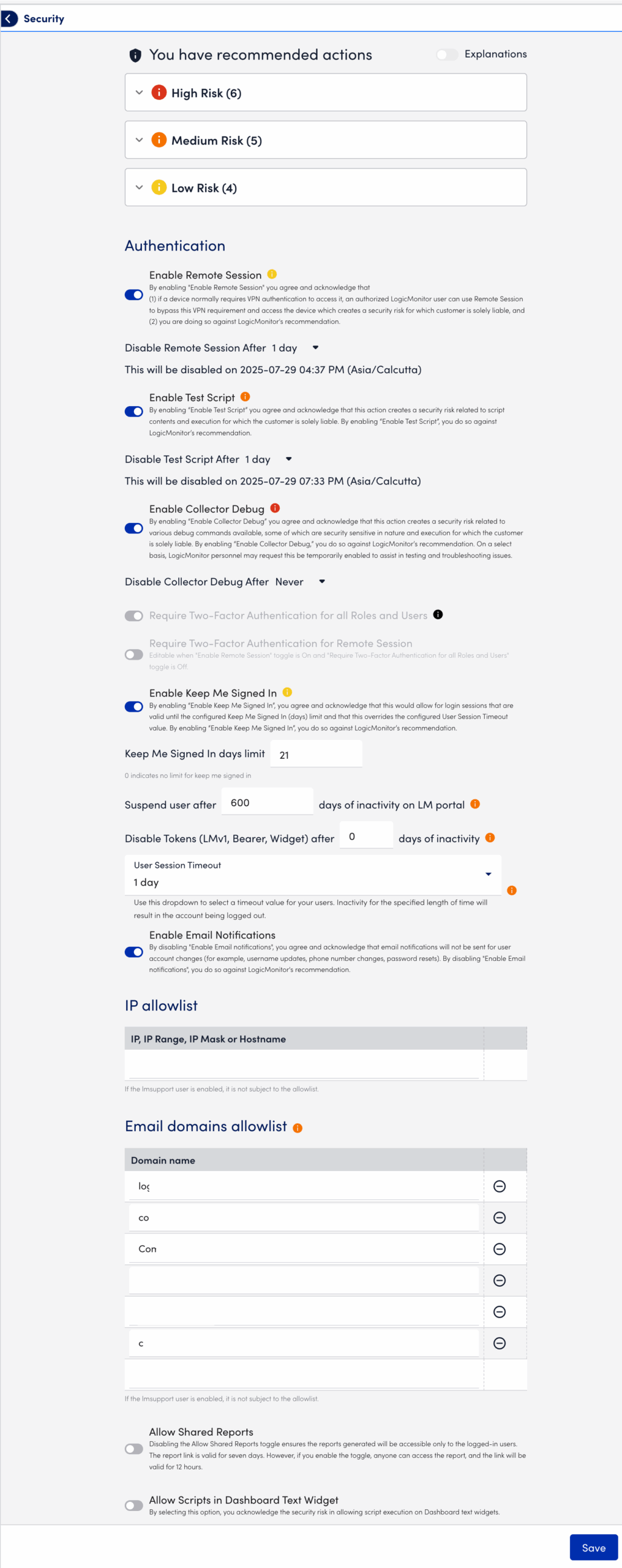 Security Settings Page