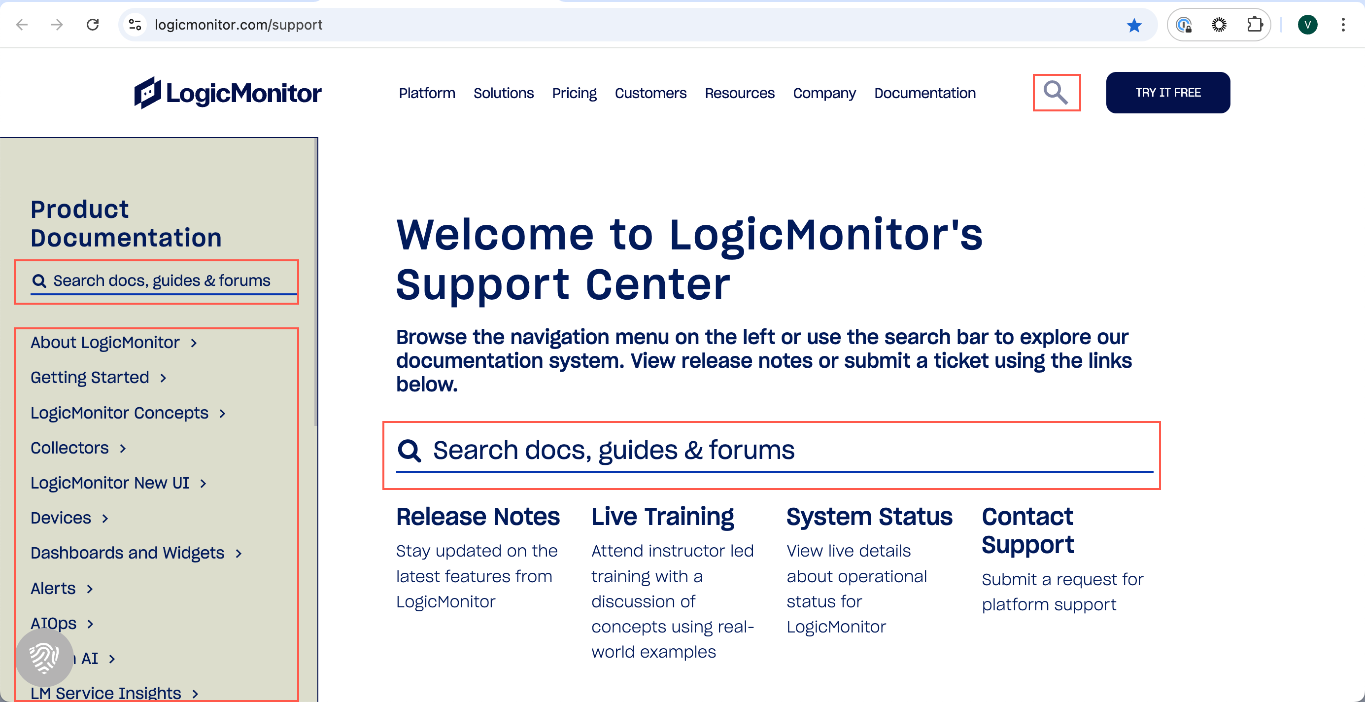 LogicMonitor サポート センターの検索オプション