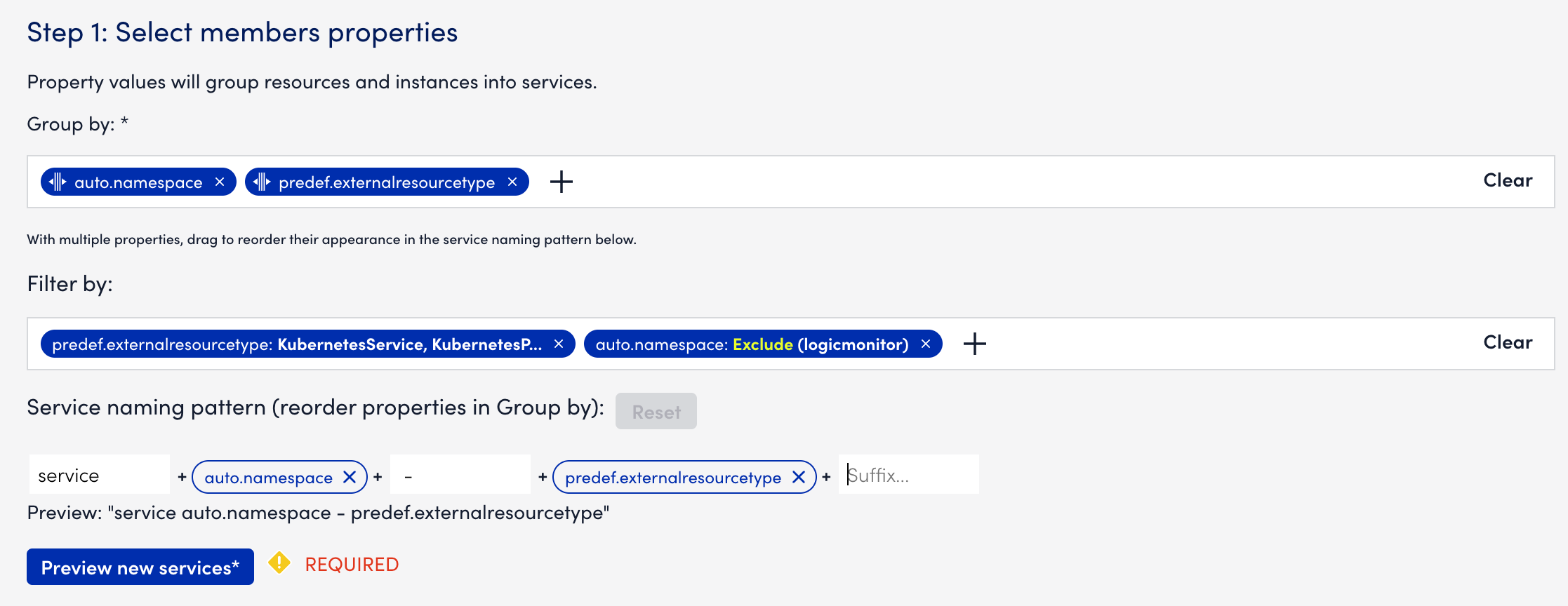 Select members properties page with Service naming pattern field