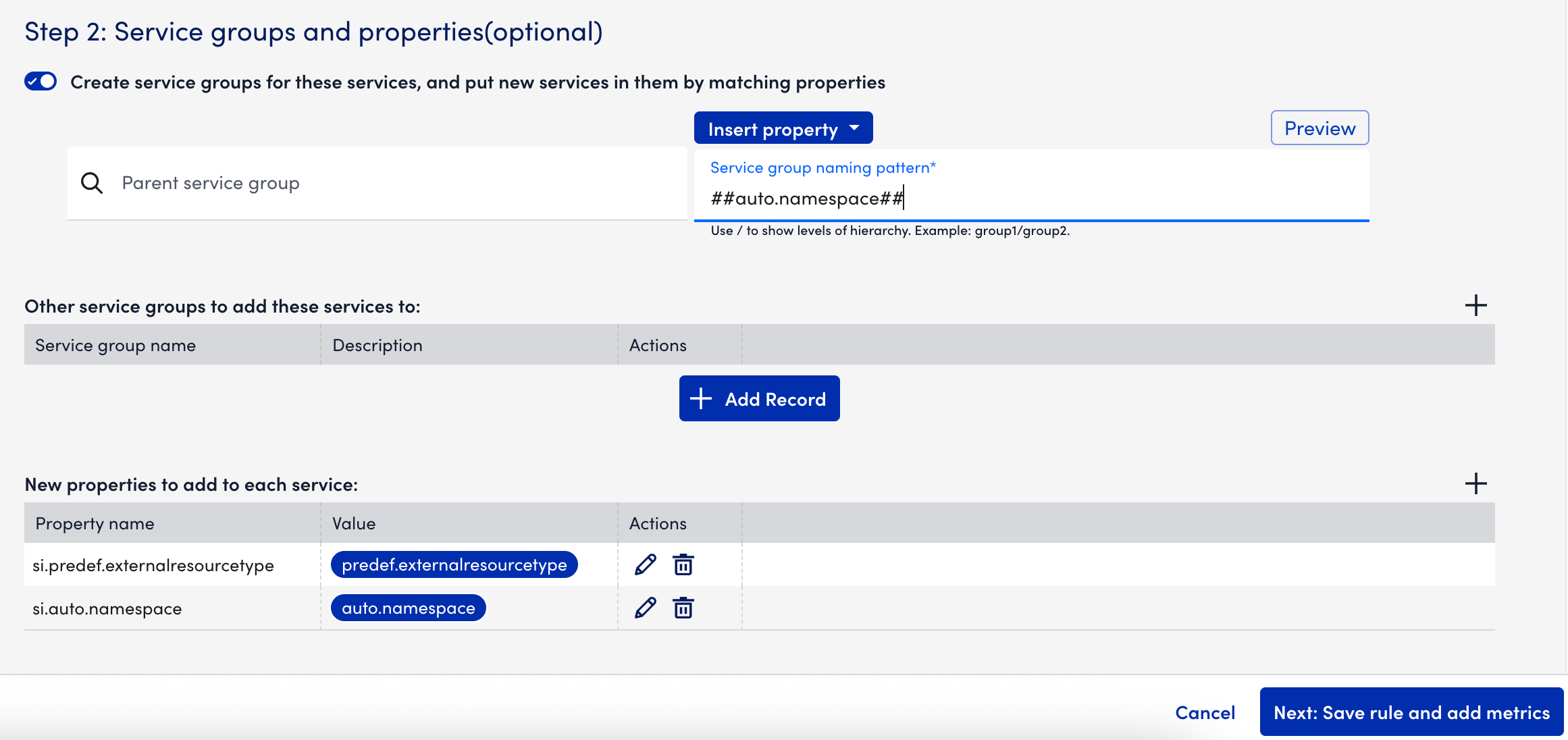 Service groups and properties