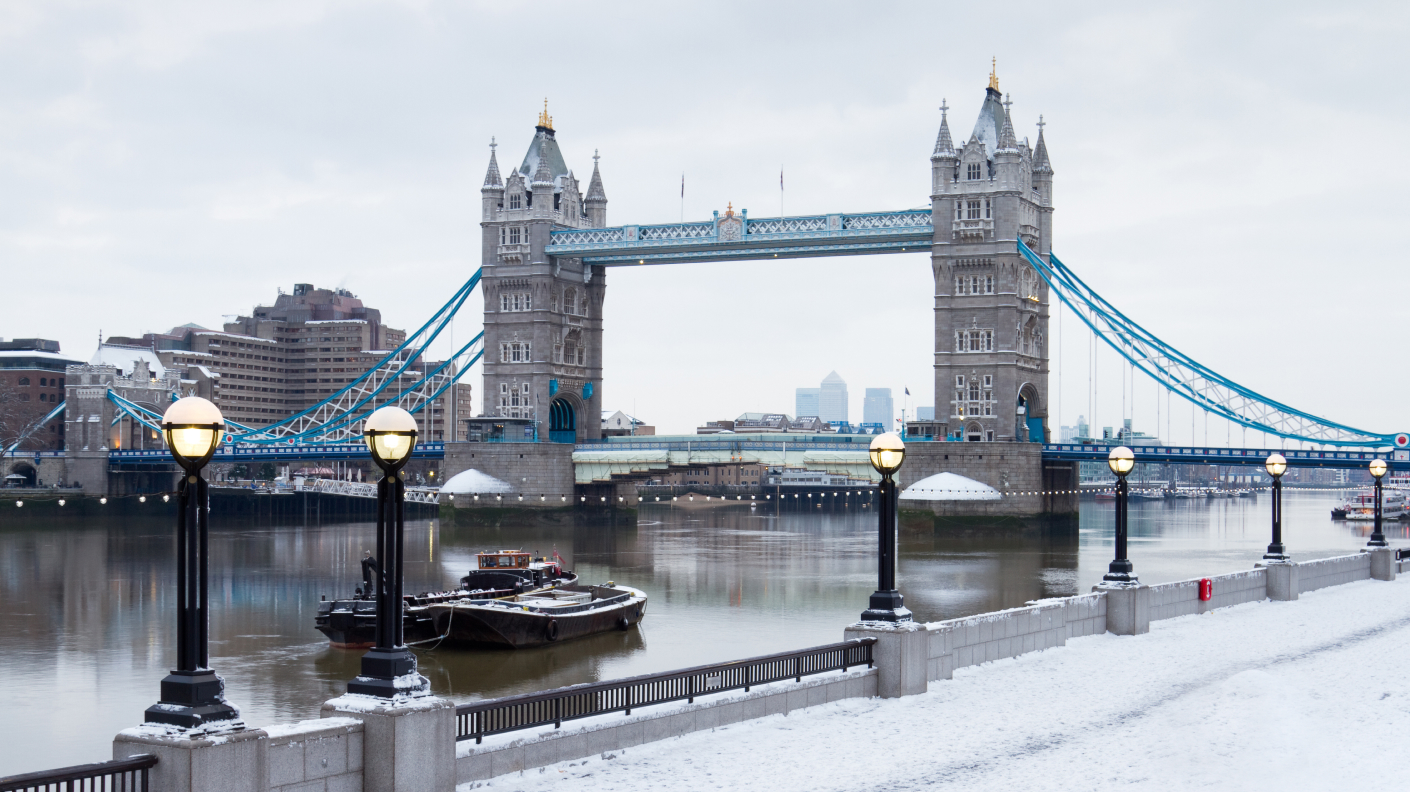 Tower Bridge in London on a snowy day