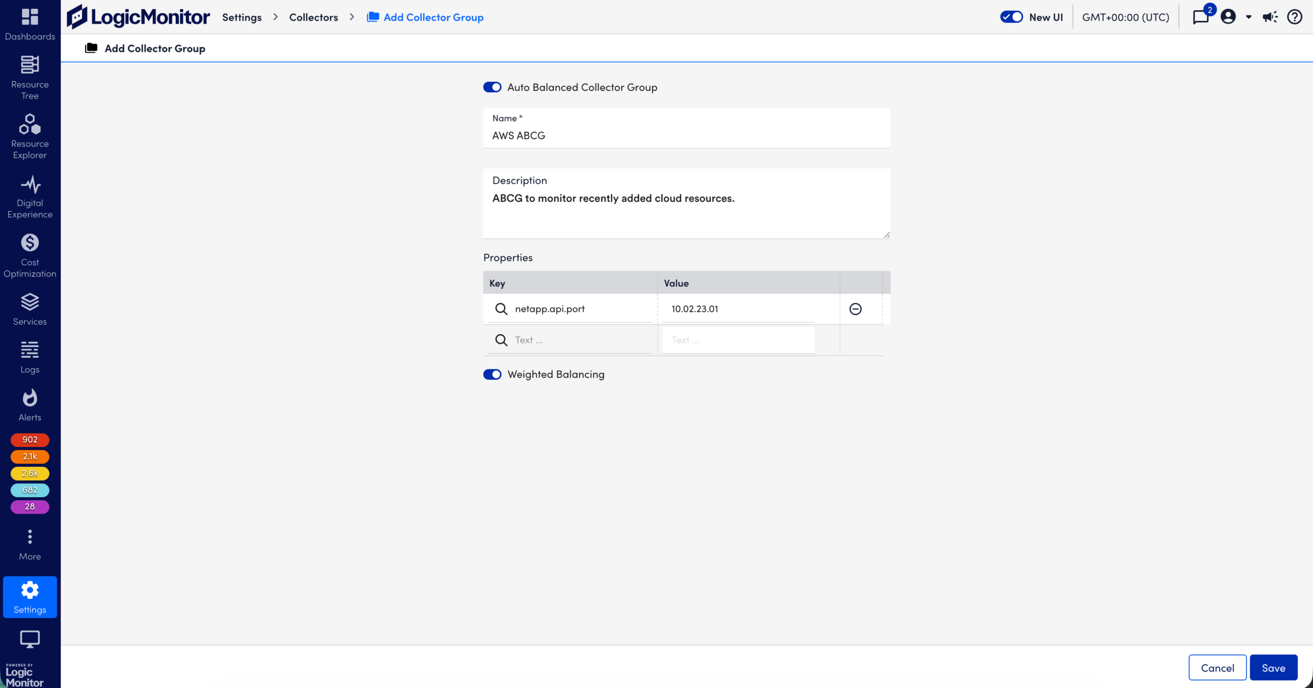 Add Collector Group page with Weighted Balancing switch enabled