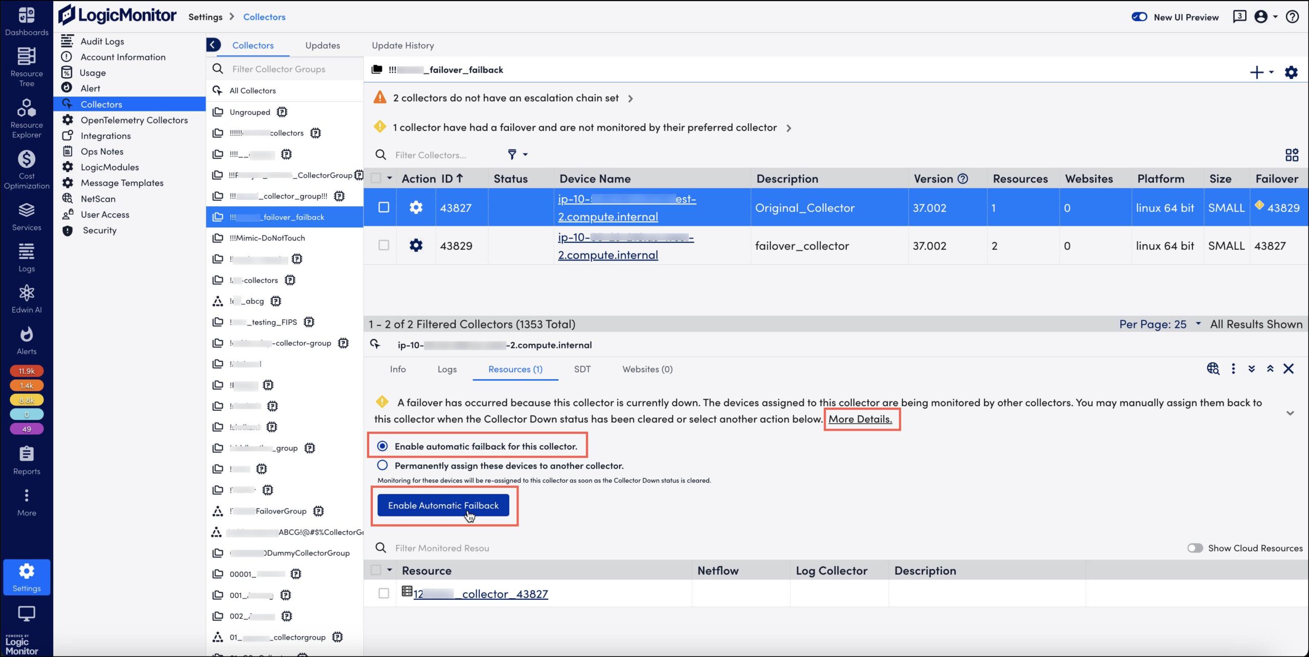 Collector page with automatic failback setting