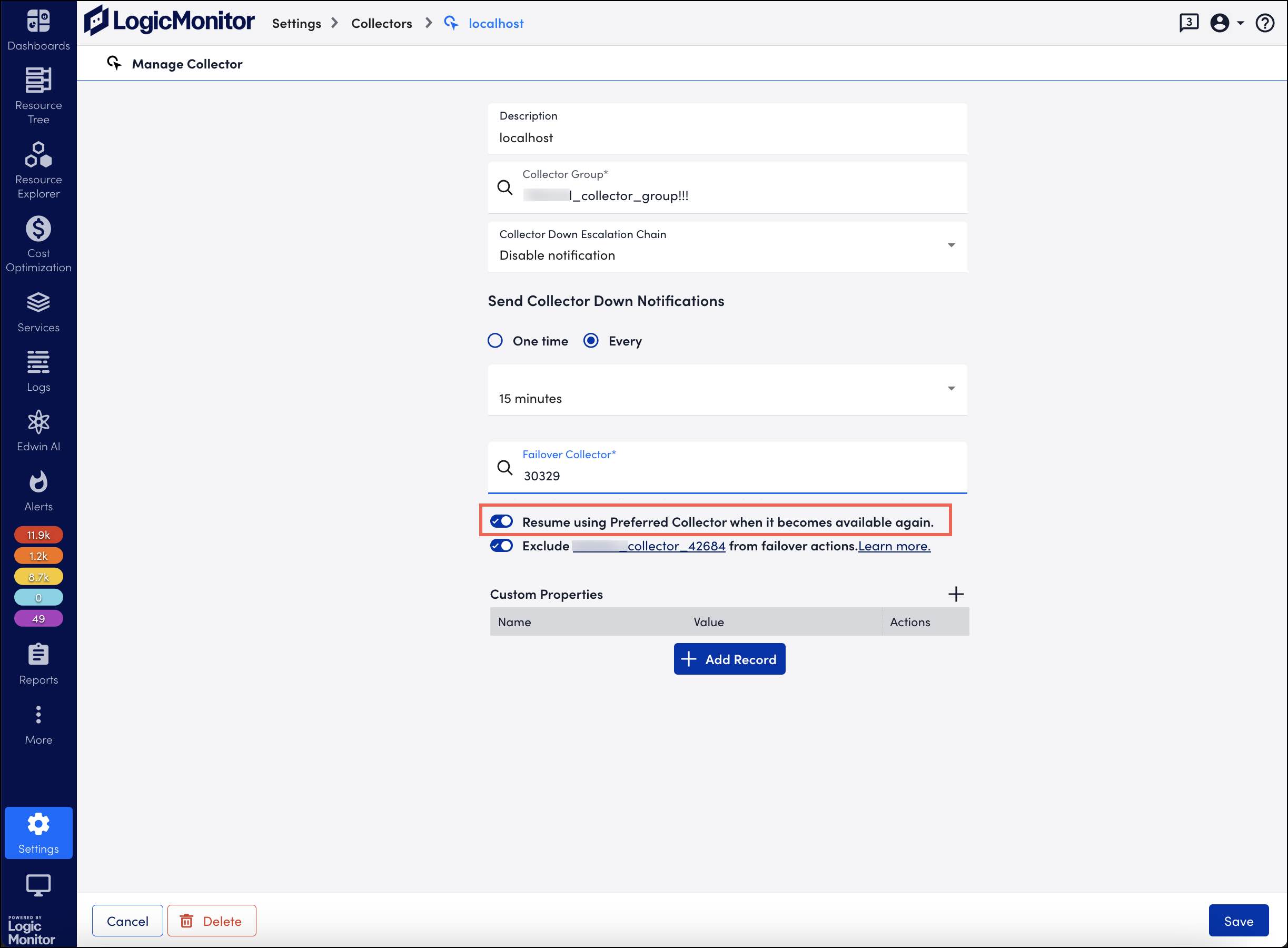 Manage Collector page with automatic failback setting