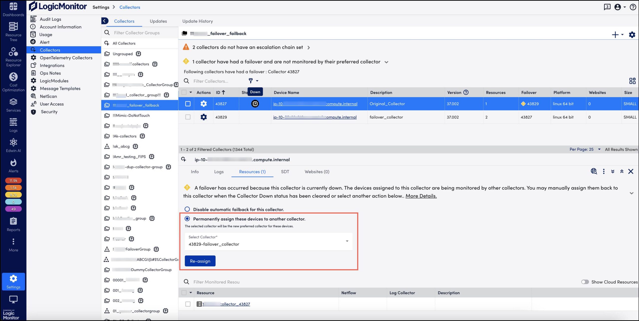 Collector page with preferred collector setting