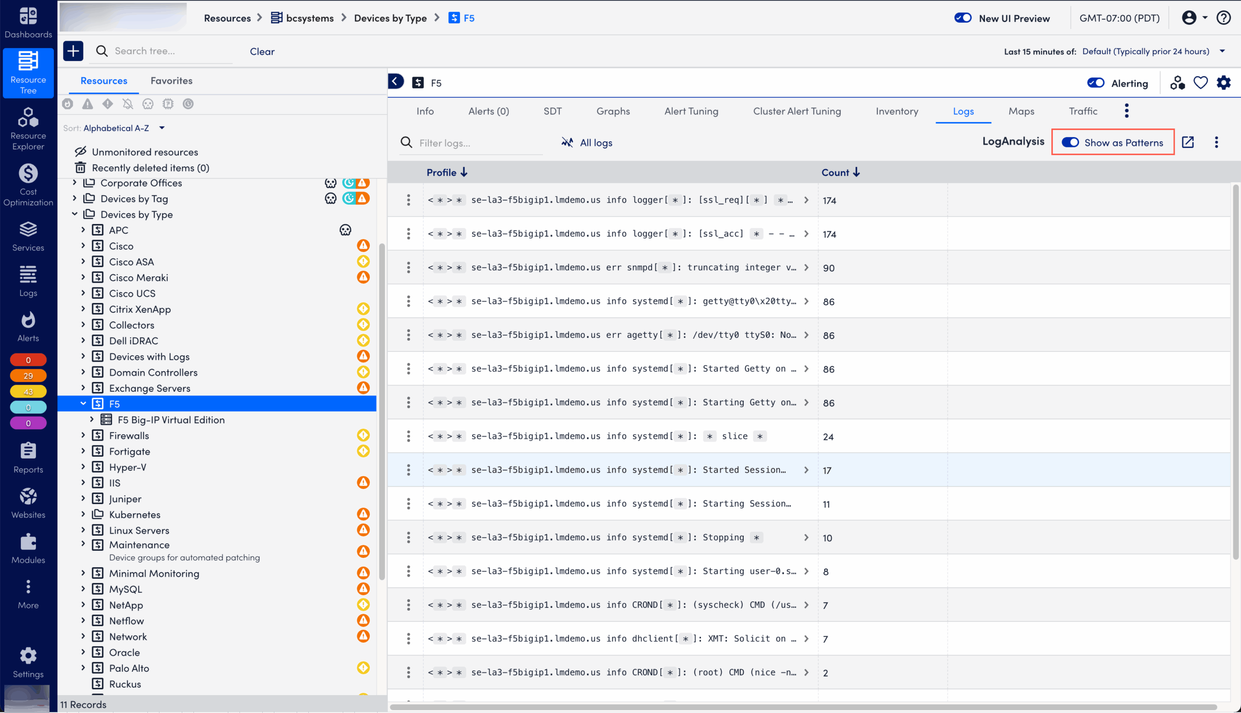 show log patterns from resource tree