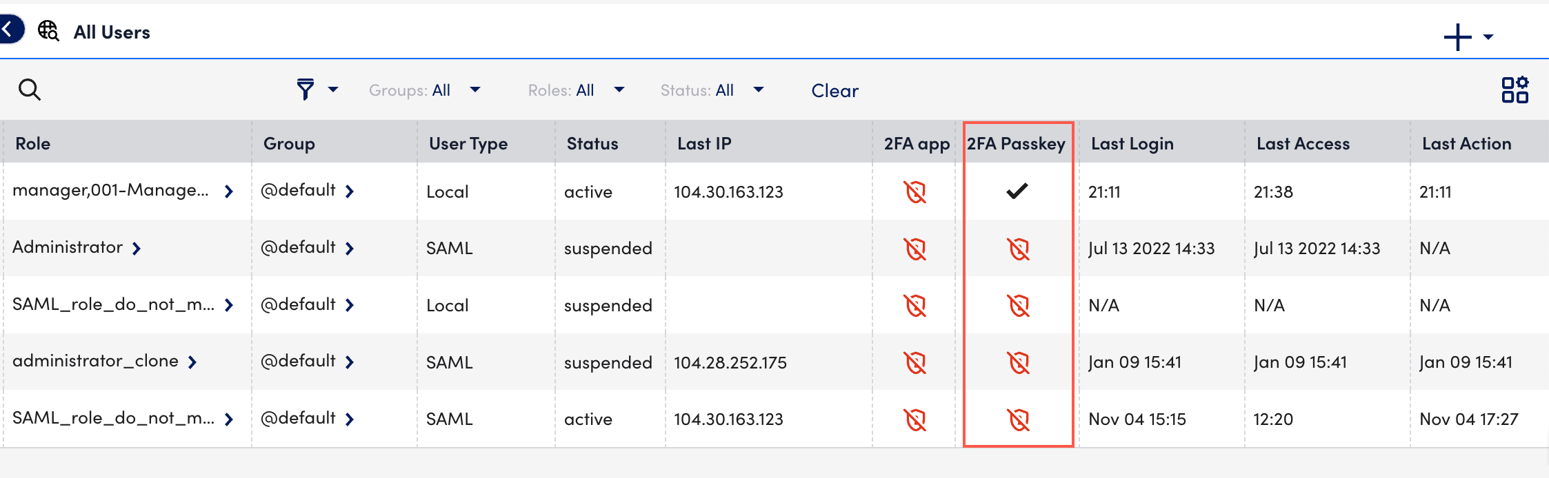 Passkey column Users page