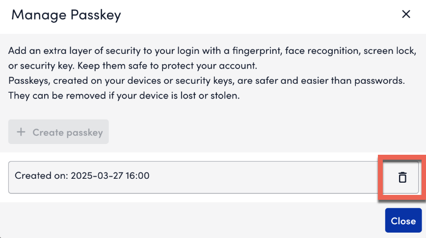Delete passkey option