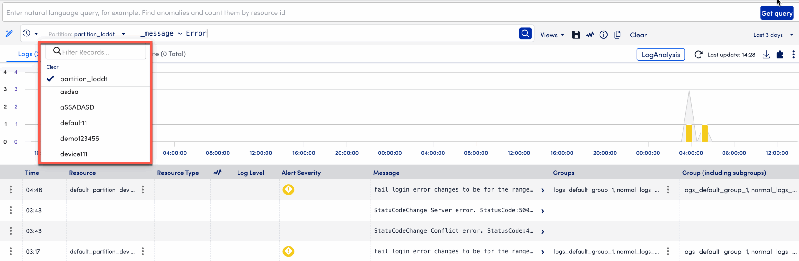 Searching queries using log partitions dropdown