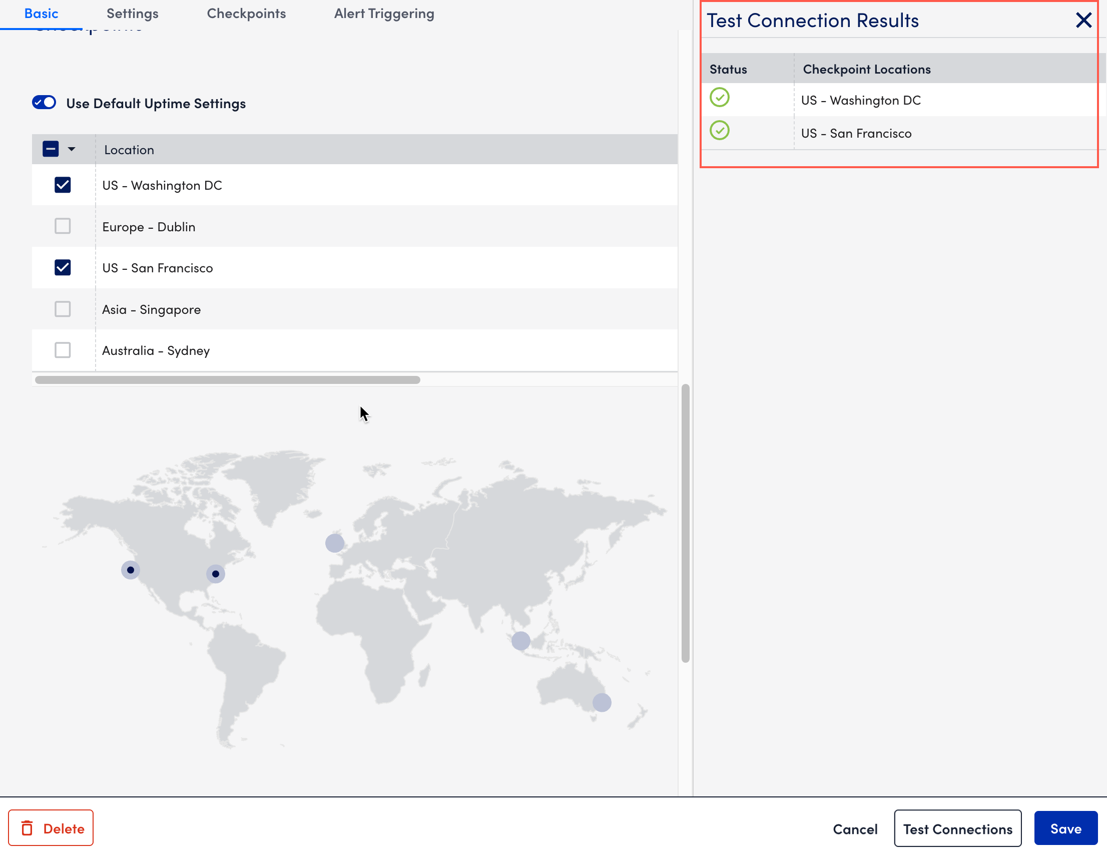 Test Connection Results pane