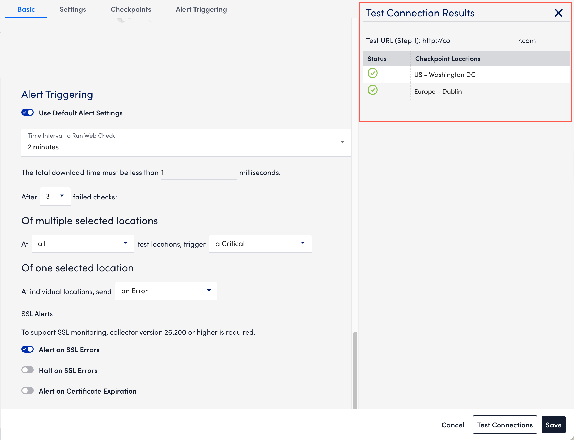 Test Connection Results pane
