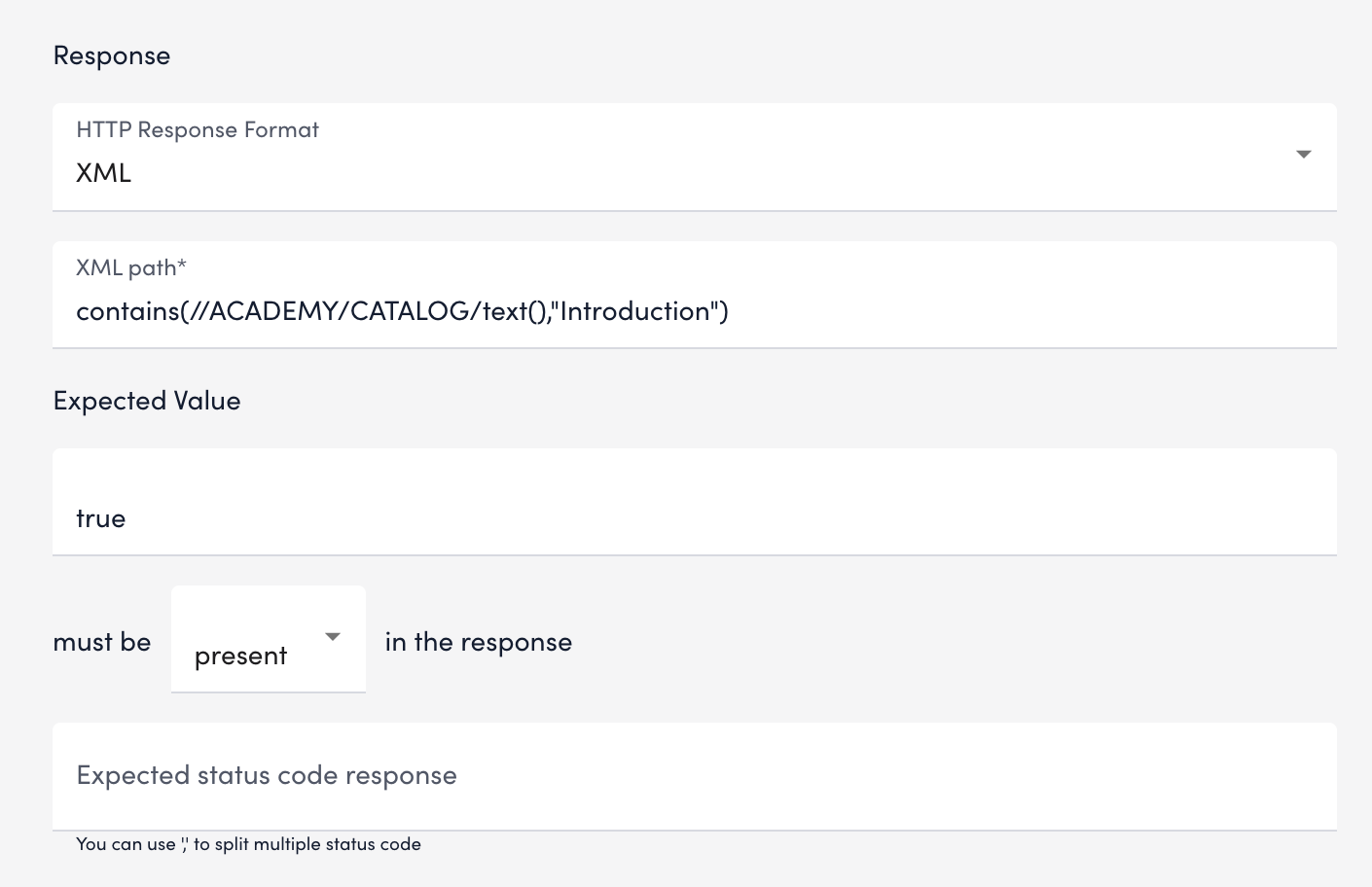 response section settings tab webcheck for XML