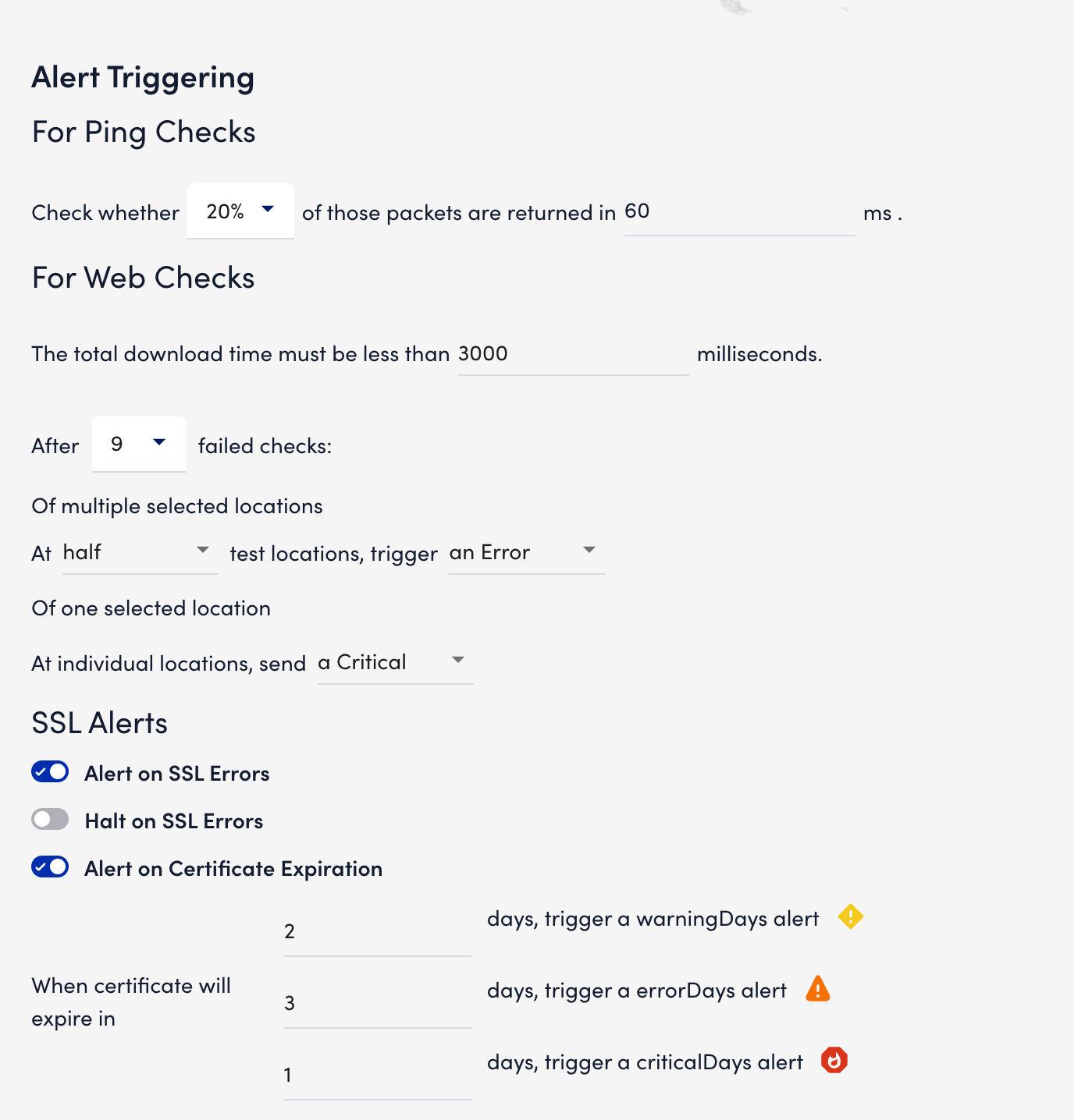 Uptime settings page with Alert trigger option